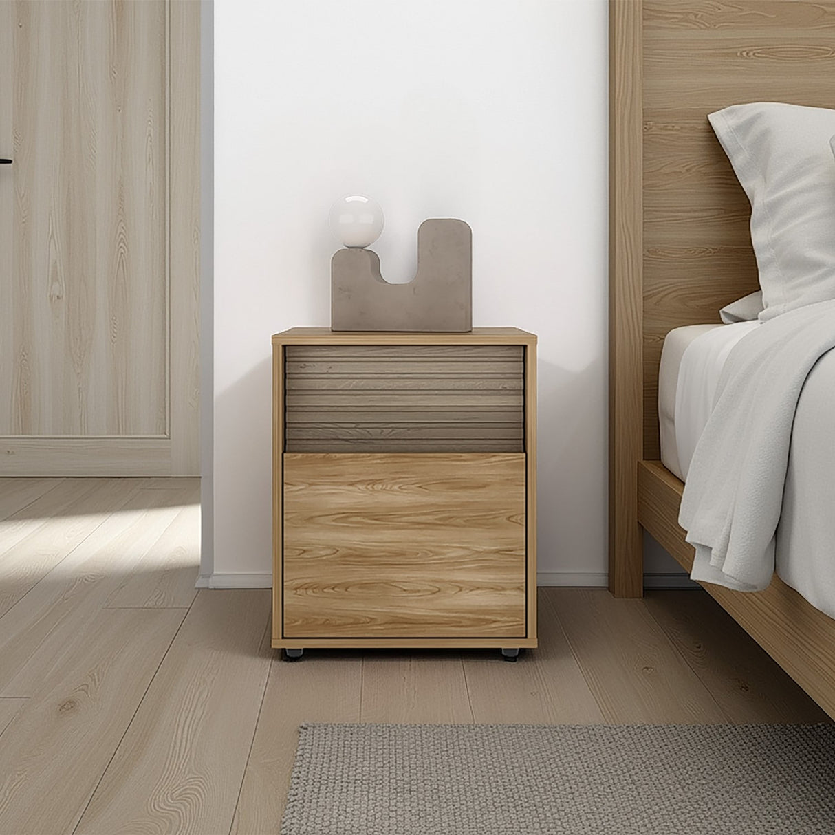 Mesa de Noche WandaL Fresno Europeo y Roble Natural 42.6x52cm con Un Cajón y con Dos Compartimientos - MESAS DE NOCHE | Bylmo