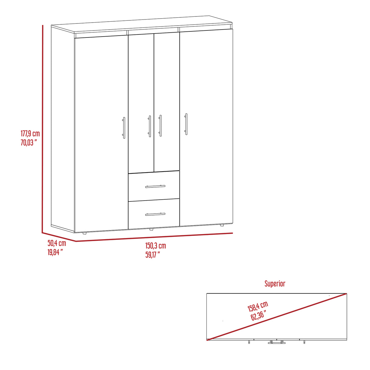 Closet Bariloche Eco Fresno Europeo y Blanco 150.3x177.9cm con Cuatro Puertas y con Cuatro Cajones - CLOSETS | Bylmo