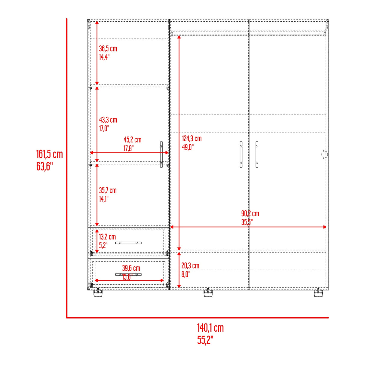 Closet Dassel Rovere 140.1x161.5cm con Tres Puertas y con Tres Cajones - CLOSETS | Bylmo