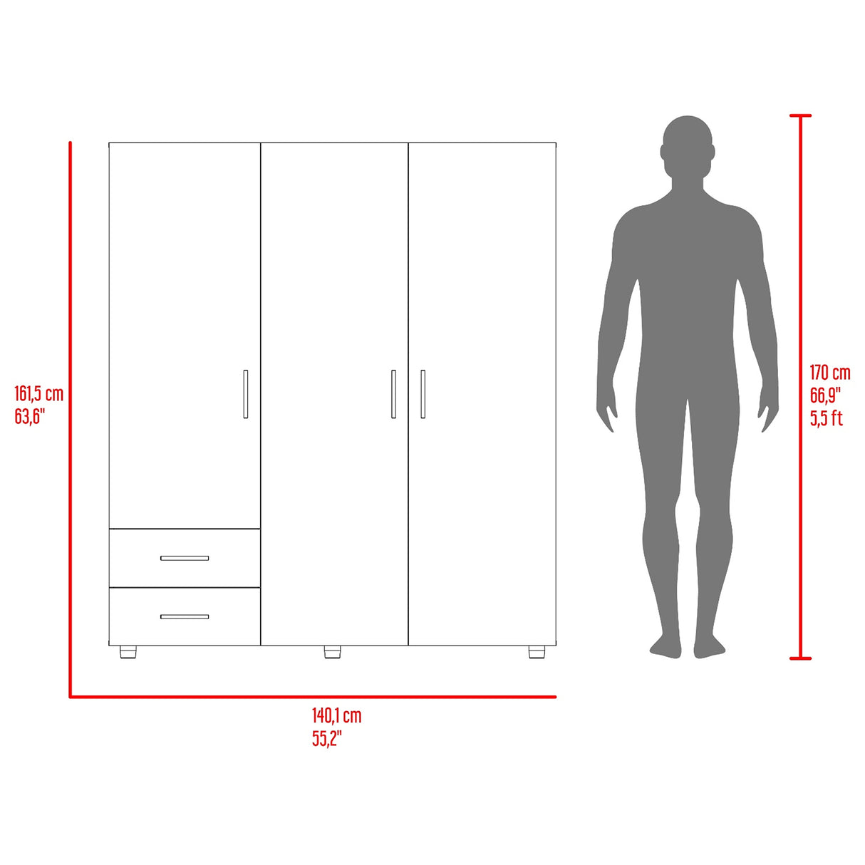 Closet Dassel Rovere 140.1x161.5cm con Tres Puertas y con Tres Cajones - CLOSETS | Bylmo