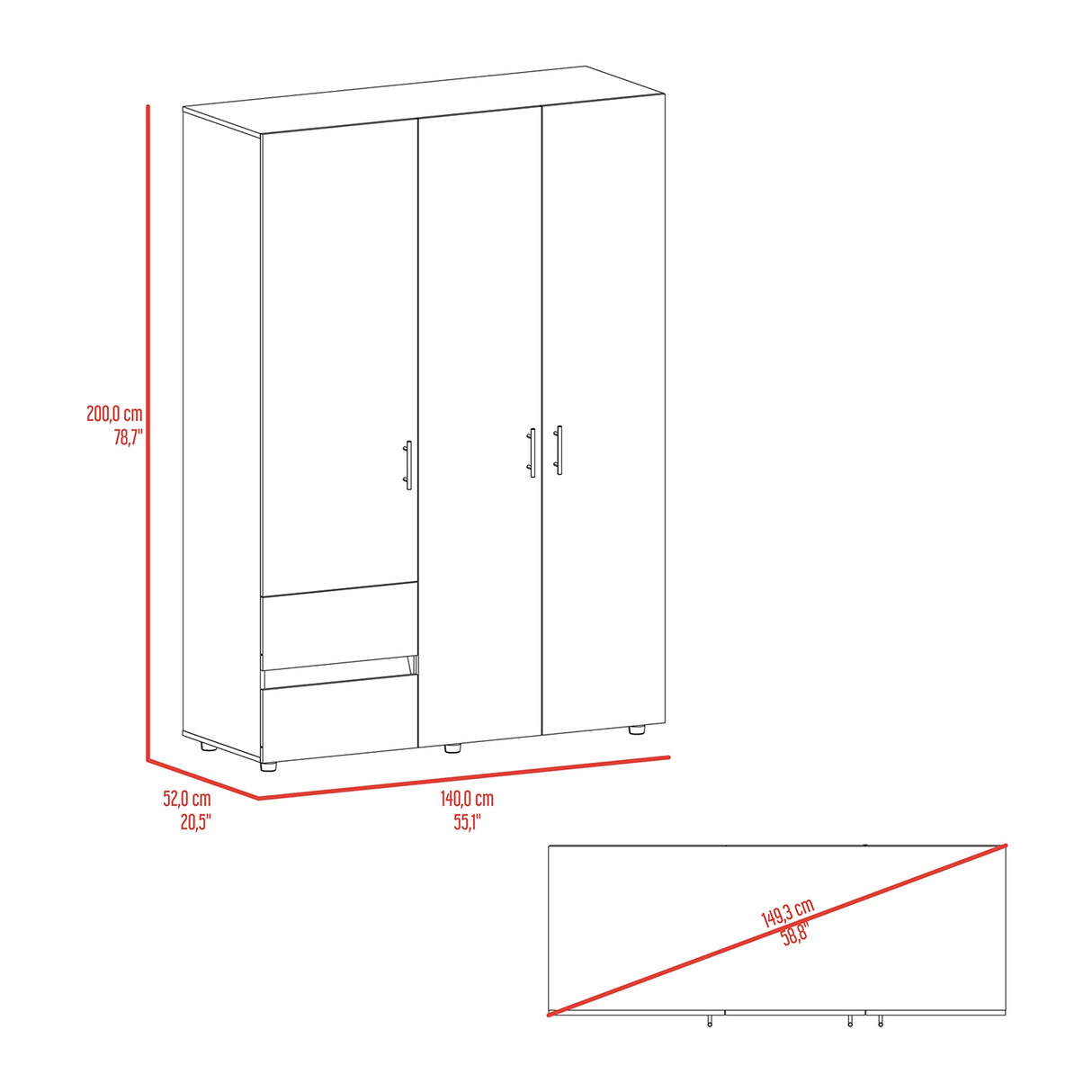 Closet Edmon Wengue Fresno 140x200cm con Tres Puertas y con Tres Cajones - CLOSETS | Bylmo