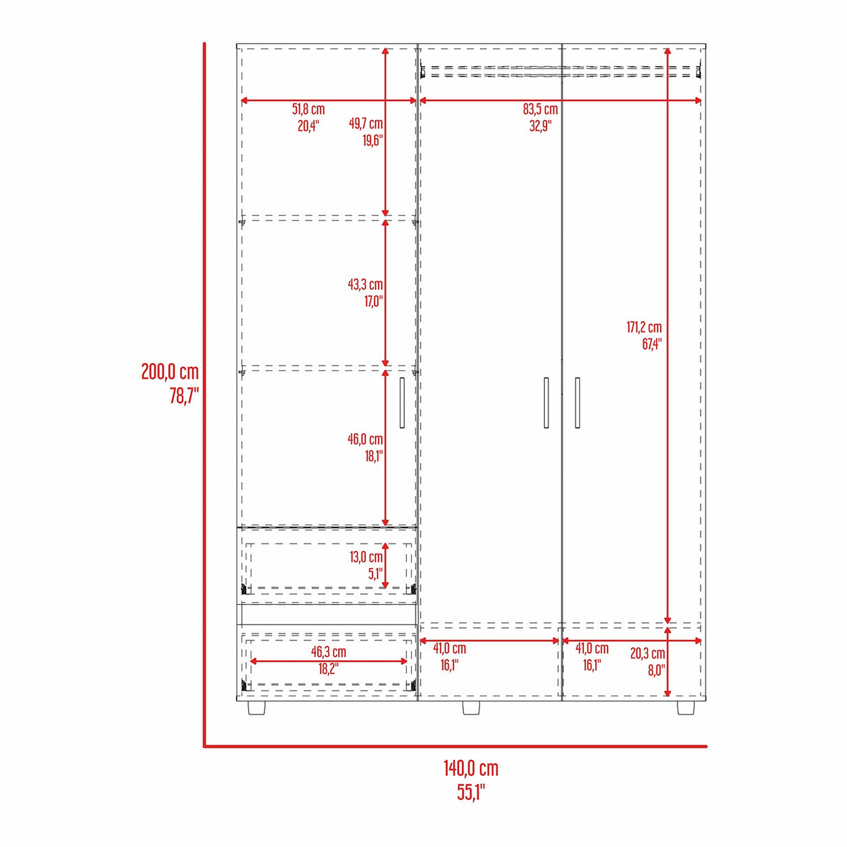 Closet Edmon Wengue Fresno 140x200cm con Tres Puertas y con Tres Cajones - CLOSETS | Bylmo