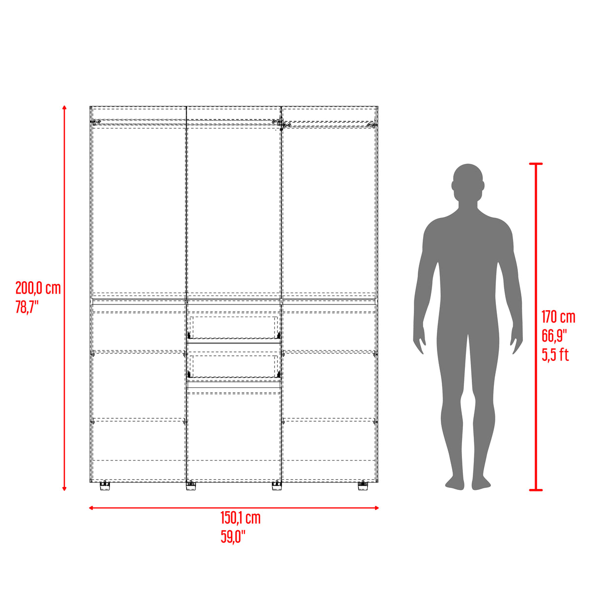 Closet Siruela Eco Bardolino y Wengue 150x200cm con Cinco Puertas y con Cinco Cajones - CLOSETS | Bylmo