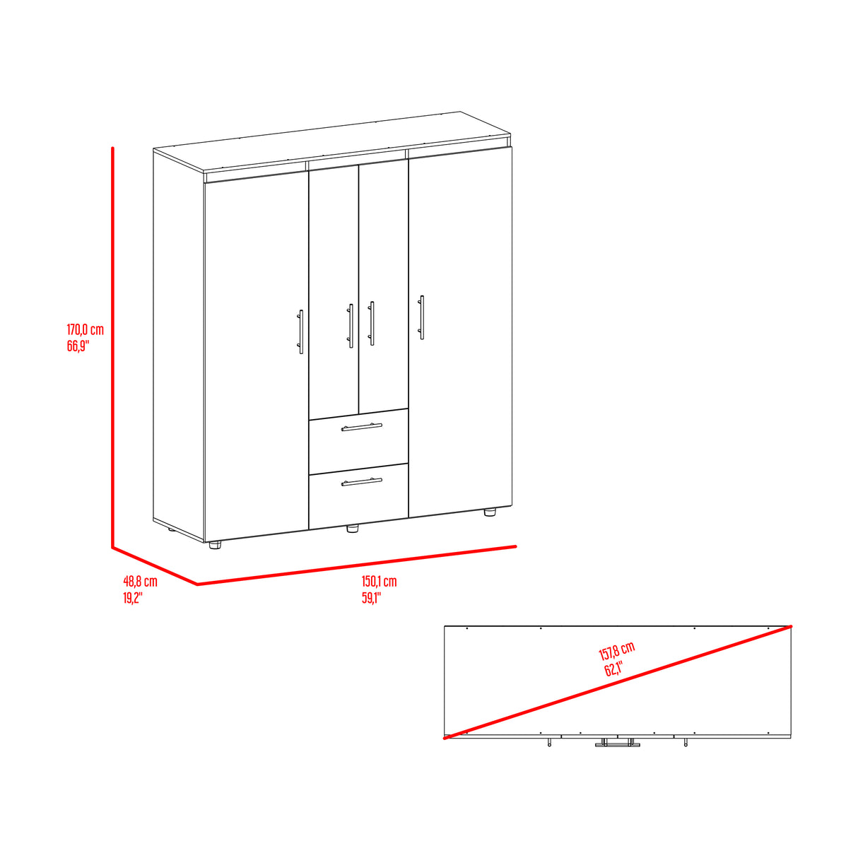 Closet Marcus Wengue y Fresno 150.3x170cm con Cuatro Puertas y con Nueve Compartimientos - CLOSETS | Bylmo