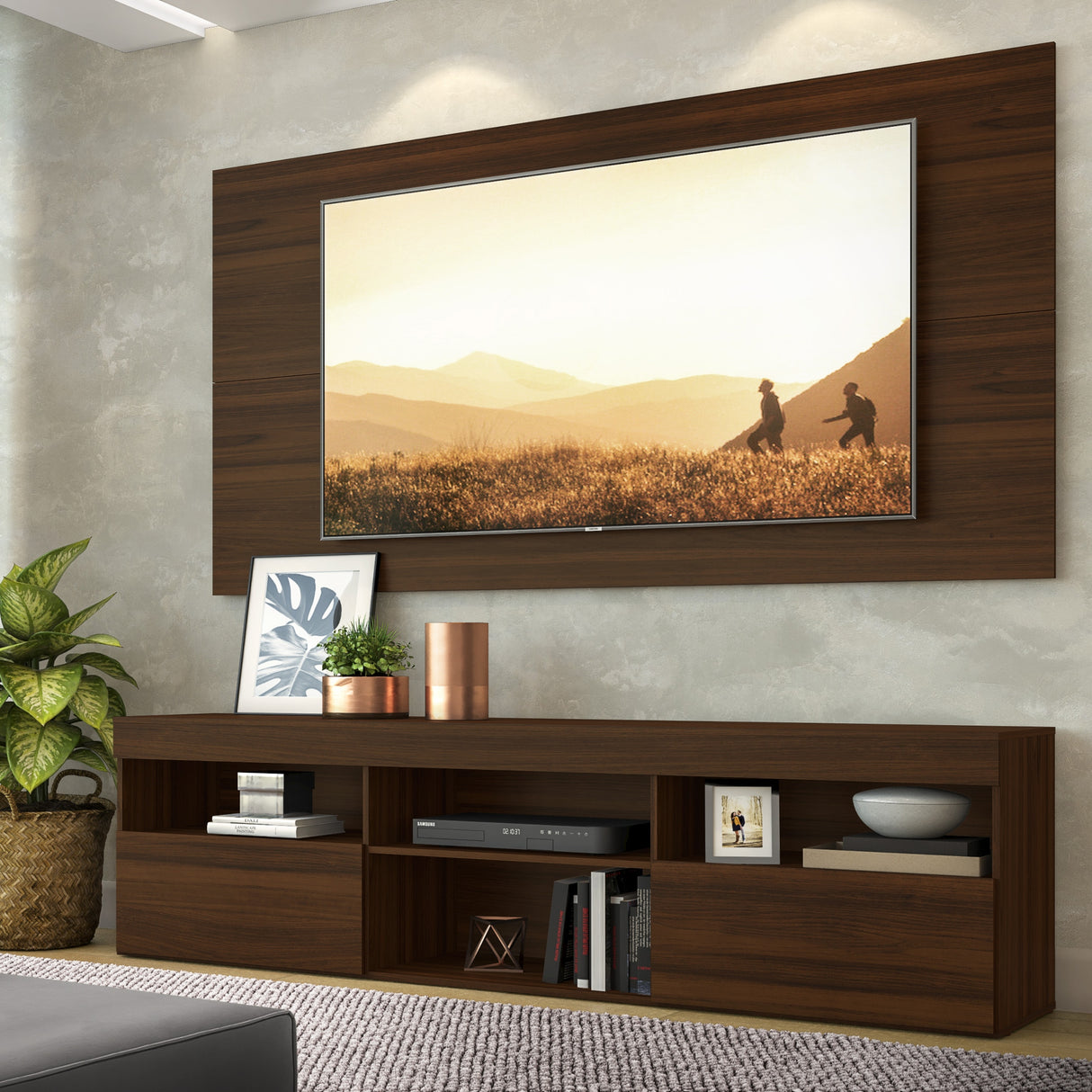 Centro de Entretenimiento Florida Café 175x90cm Para TV Hasta 65" Pulgadas con Tres Comportimientos - MUEBLES DE TV | Bylmo