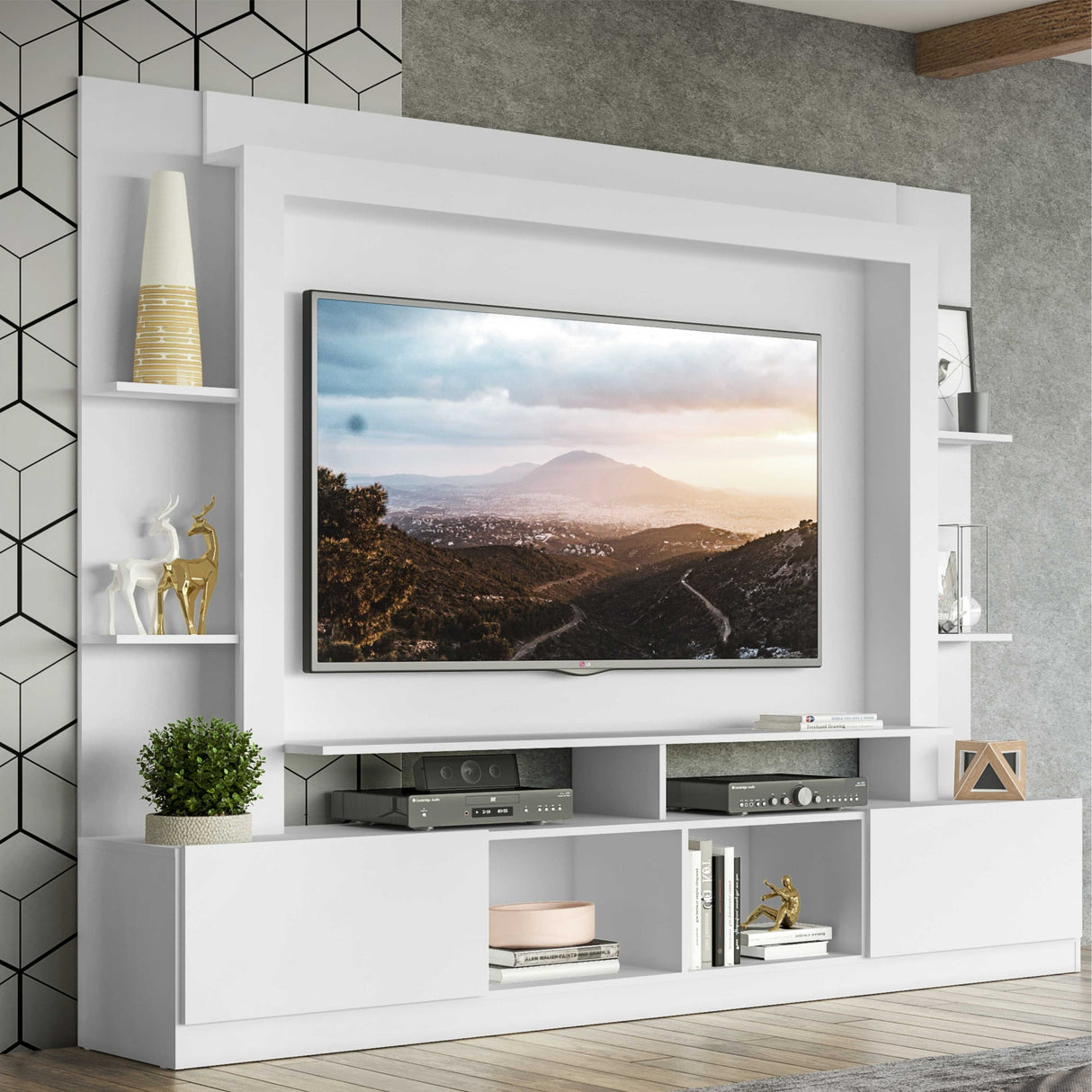 Centro de Entretenimiento Berlin Blanco 213x171cm Para TV Hasta 65" Pulgadas con Dos Comportimientos - MUEBLES DE TV | Bylmo
