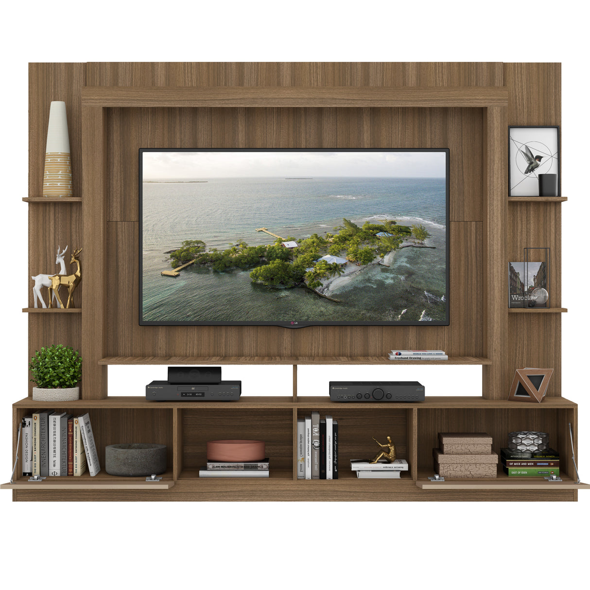 Centro de Entretenimiento Berlín Café 213x171cm Para TV Hasta 65" Pulgadas con Dos Comportimientos - MUEBLES DE TV | Bylmo