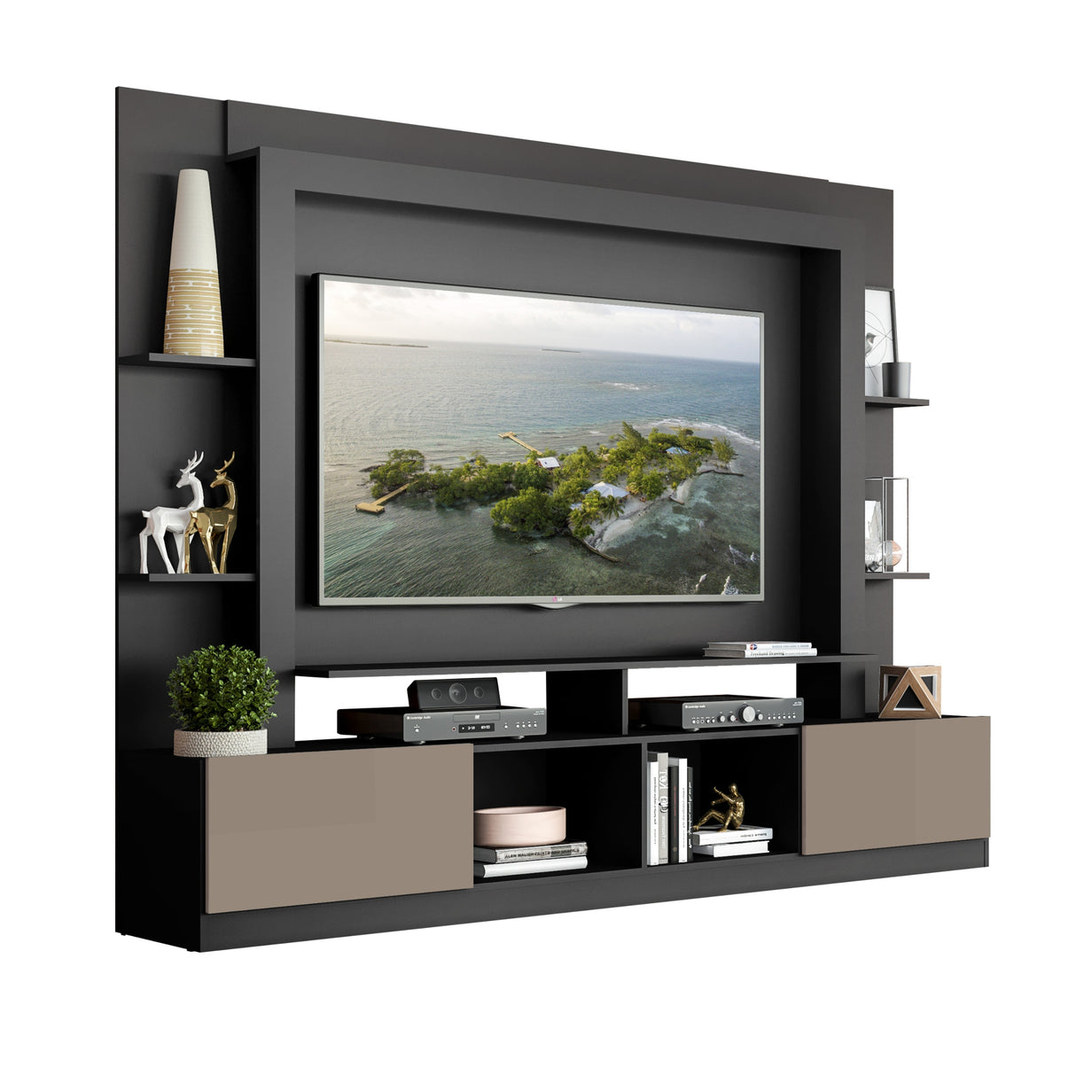 Centro de Entretenimiento Berlín Negro 213x171cm Para TV Hasta 65" Pulgadas con Dos Comportimientos - MUEBLES DE TV | Bylmo