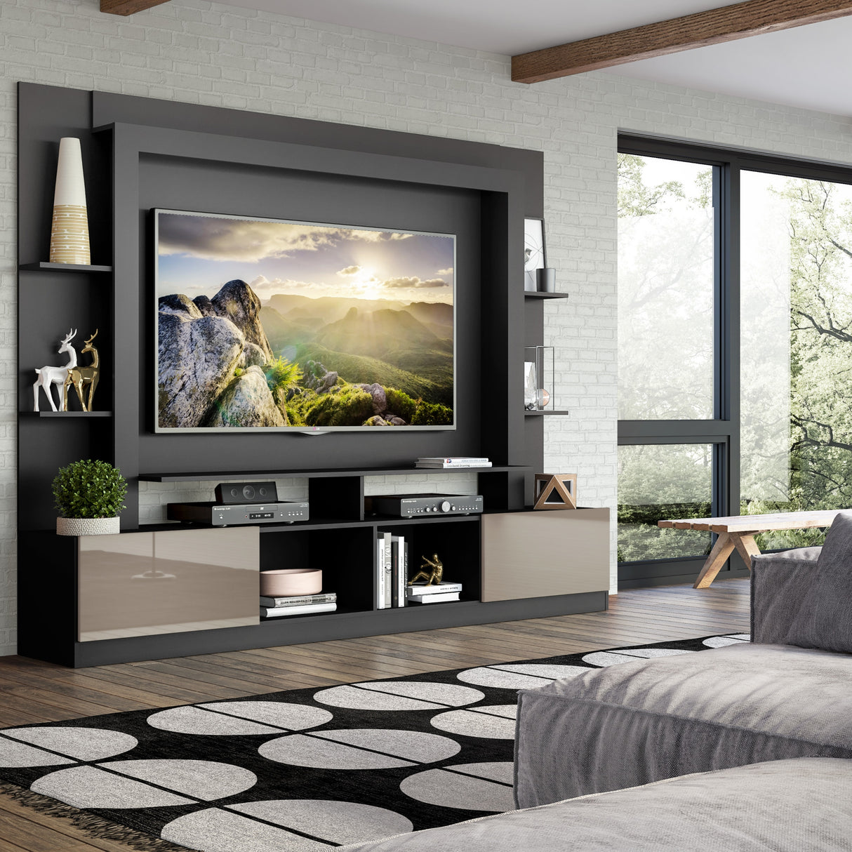 Centro de Entretenimiento Berlín Negro 213x171cm Para TV Hasta 65" Pulgadas con Dos Comportimientos - MUEBLES DE TV | Bylmo