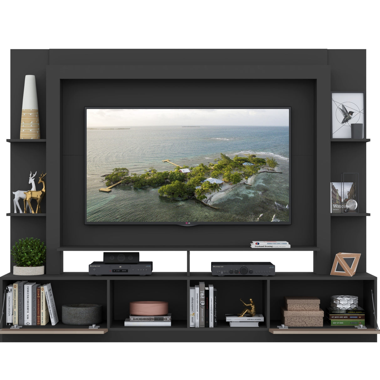 Centro de Entretenimiento Berlín Negro 213x171cm Para TV Hasta 65" Pulgadas con Dos Comportimientos - MUEBLES DE TV | Bylmo
