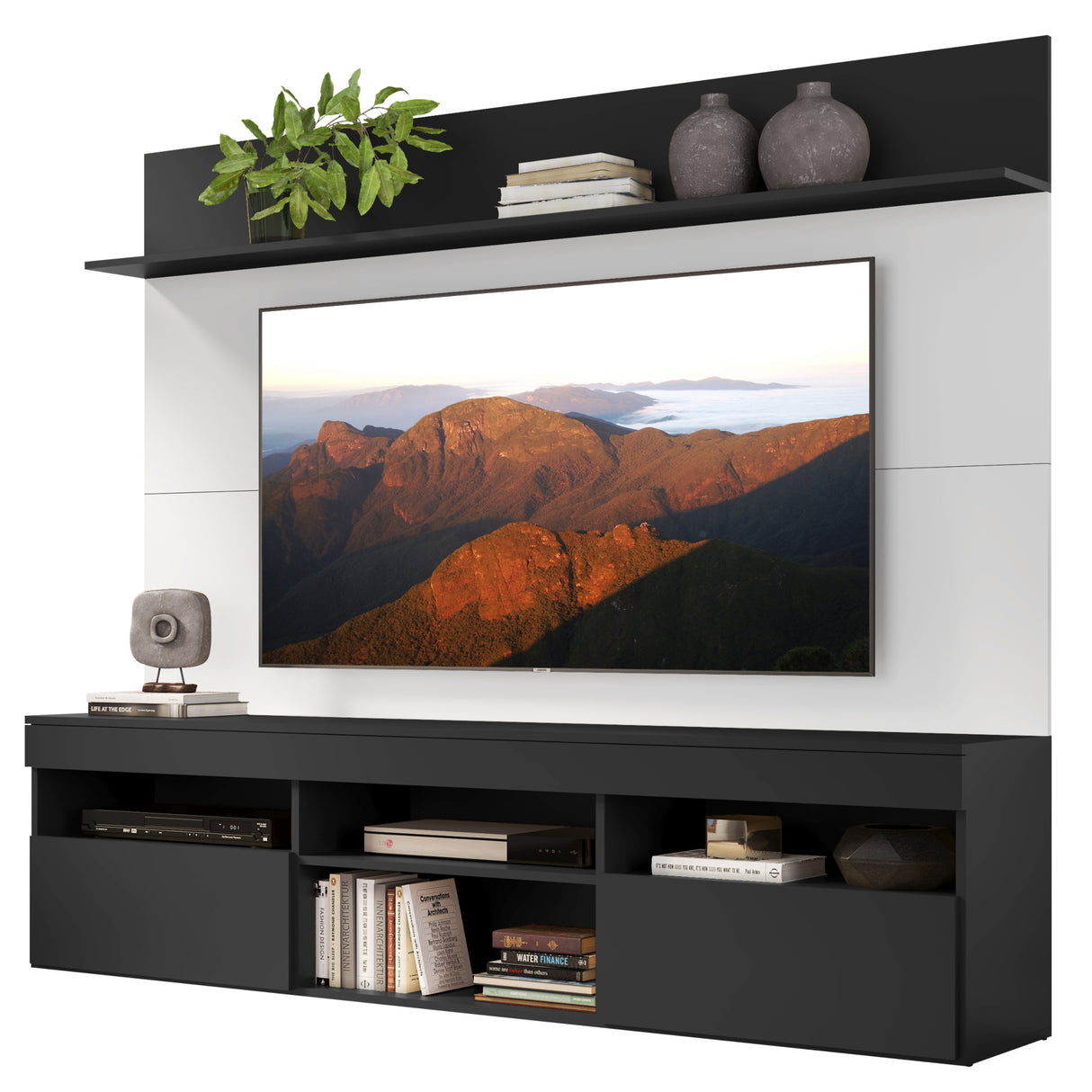 Centro de Entretenimiento Madrid Blanco y Negro 175x116cm Para TV Hasta 75" Pulgadas con Tres Comportimientos