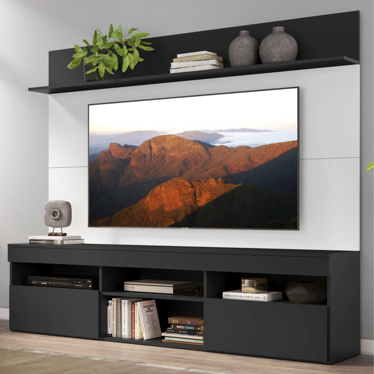 Centro de Entretenimiento Madrid Blanco y Negro 175x116cm Para TV Hasta 75" Pulgadas con Tres Comportimientos