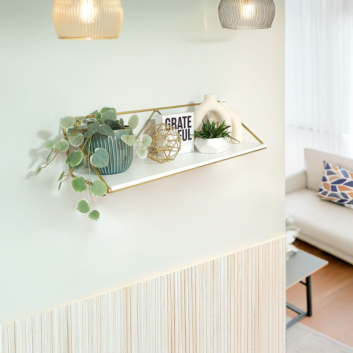 Repisa Novo Blanco y Dorado 60x15cm Rectangular con Un Entrepaño