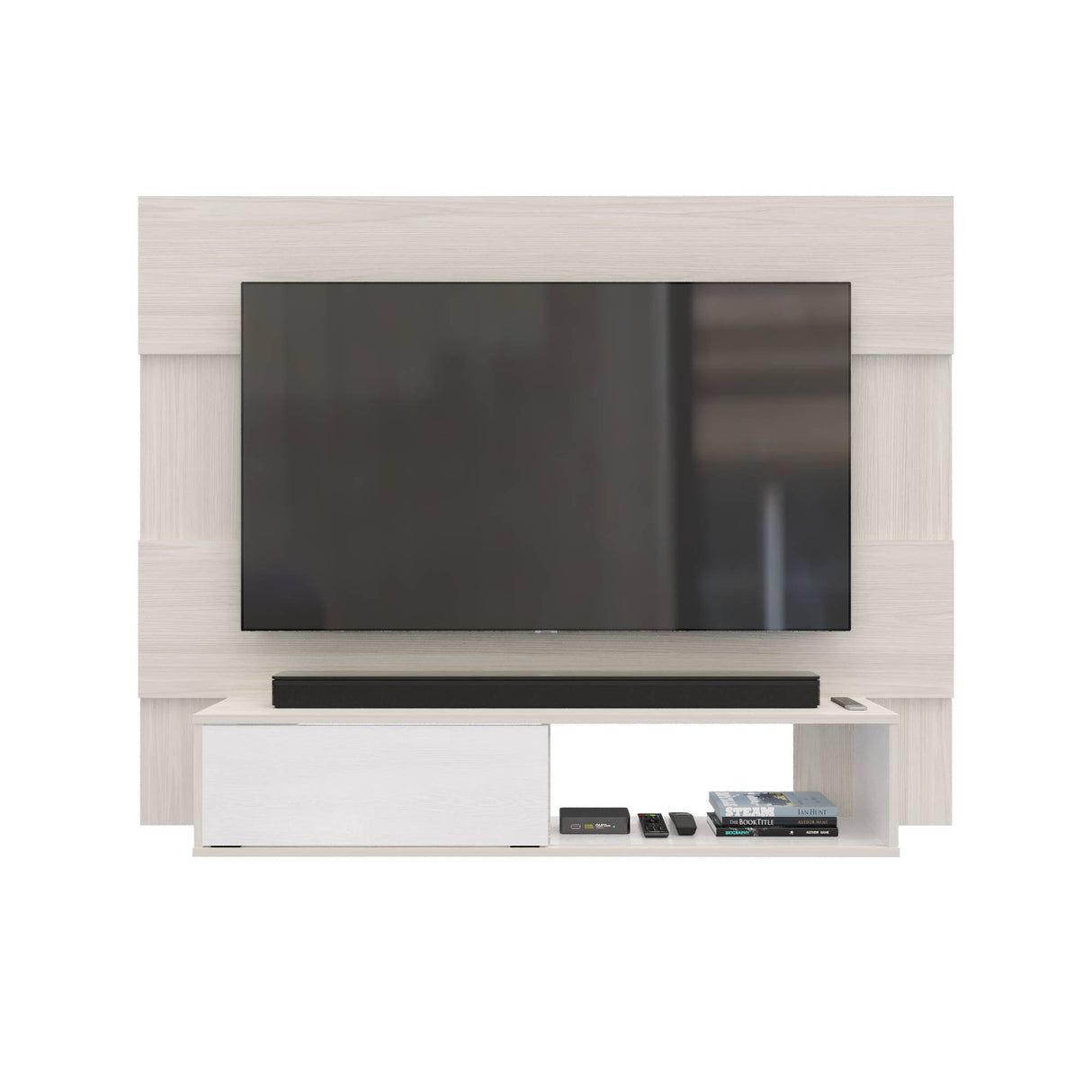 Panel de TV Soren Niebla y Blanco 155x120cm Flotante para Tv Hasta 65" Pulgadas con Un Cajón y Un Compartimiento - MUEBLES DE TV | Bylmo