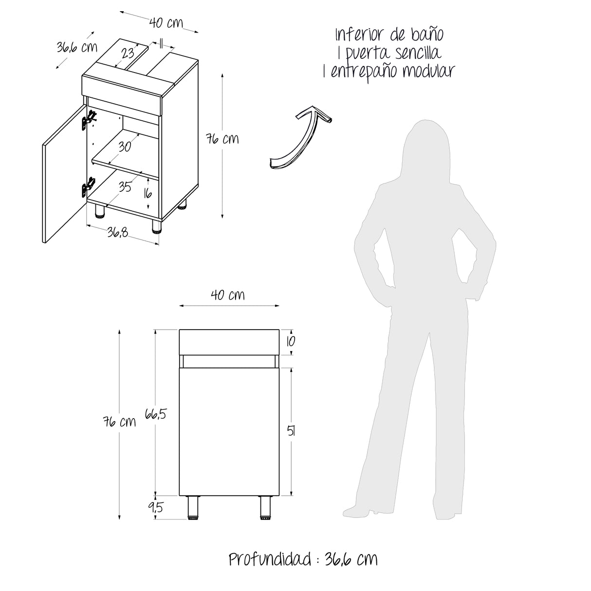 Mueble para Lavamanos Liam Niebla y Blanco 40x76cm Individual sin Lavamanos con Un Cajón y Una Puerta - MUEBLES PARA LAVAMANOS | Bylmo