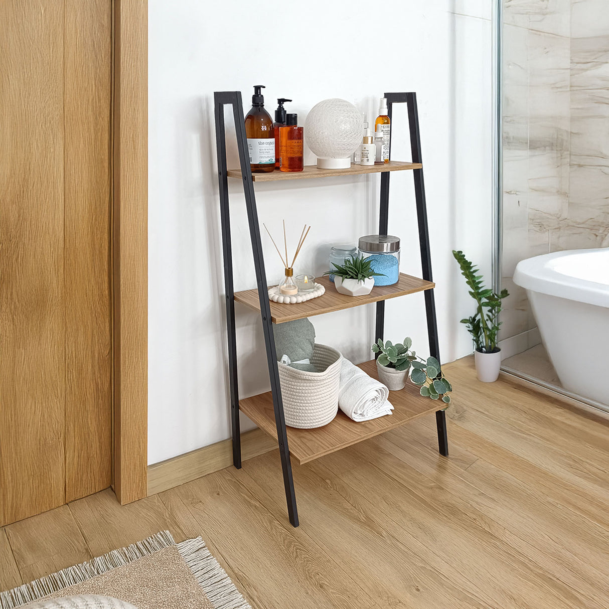 Estantería para Macetas Munich Madera Natural y Negro 52x100cm Escalera de Tres Niveles - BASES PARA MACETAS DE INTERIOR | Bylmo