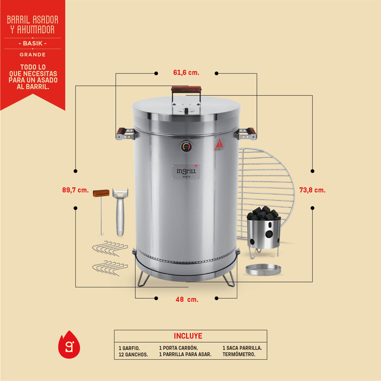 Barril Ahumador Basik Plateado 48x83cm Para 40 Libras con Termómetro y Control de Ventilación