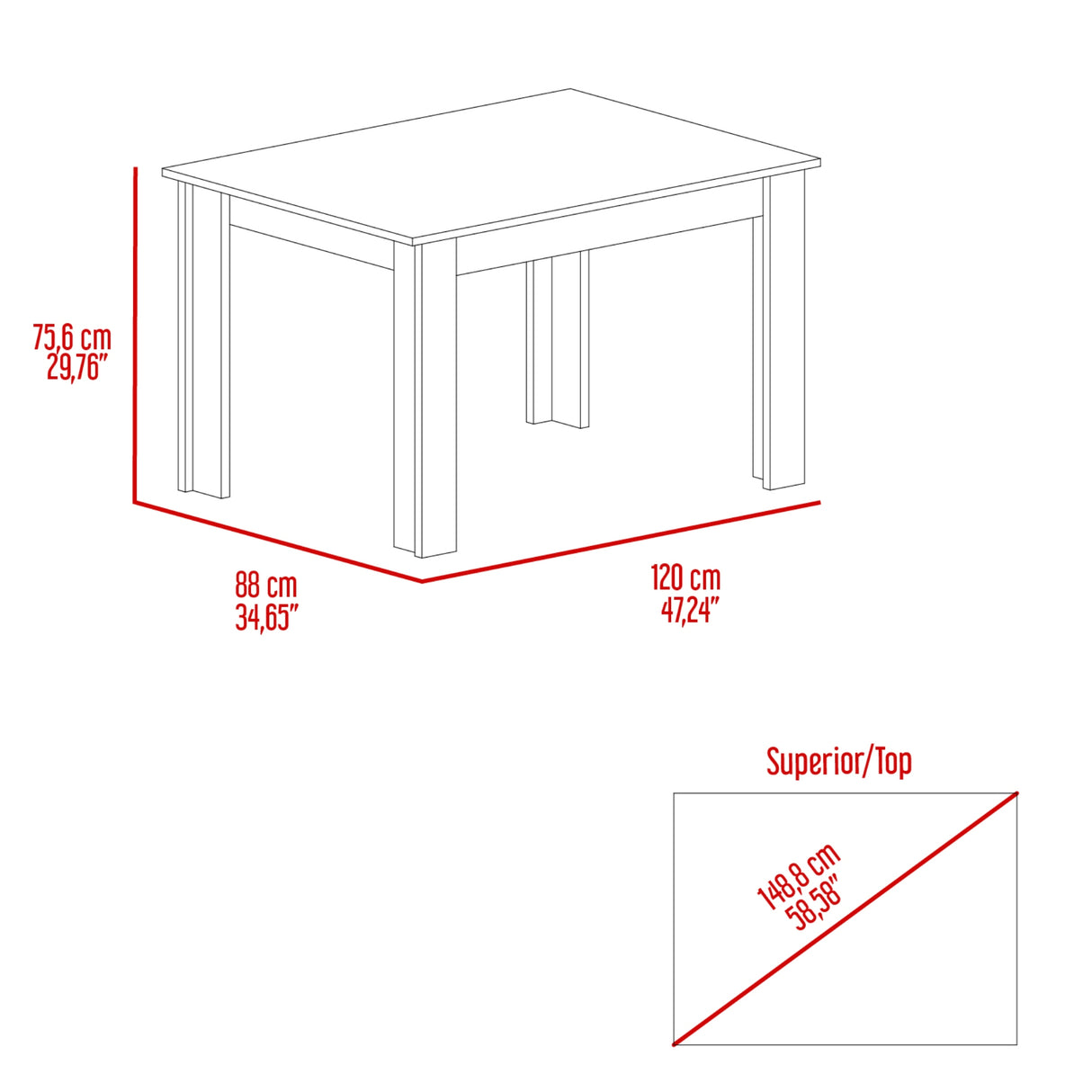 Mesa de Comedor Portofino Onix 120x75.6cm Cuadrado de Cuatro Puestos sin Sillas - COMEDORES | Bylmo
