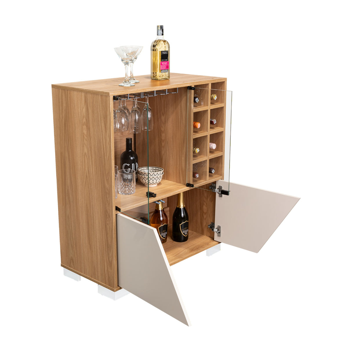 Bar Fraktal Fresno y Capri 78.8x94.9cm con Tres Compartimientos con Doce Portacopas y con Ocho Portabotellas - BARES | Bylmo