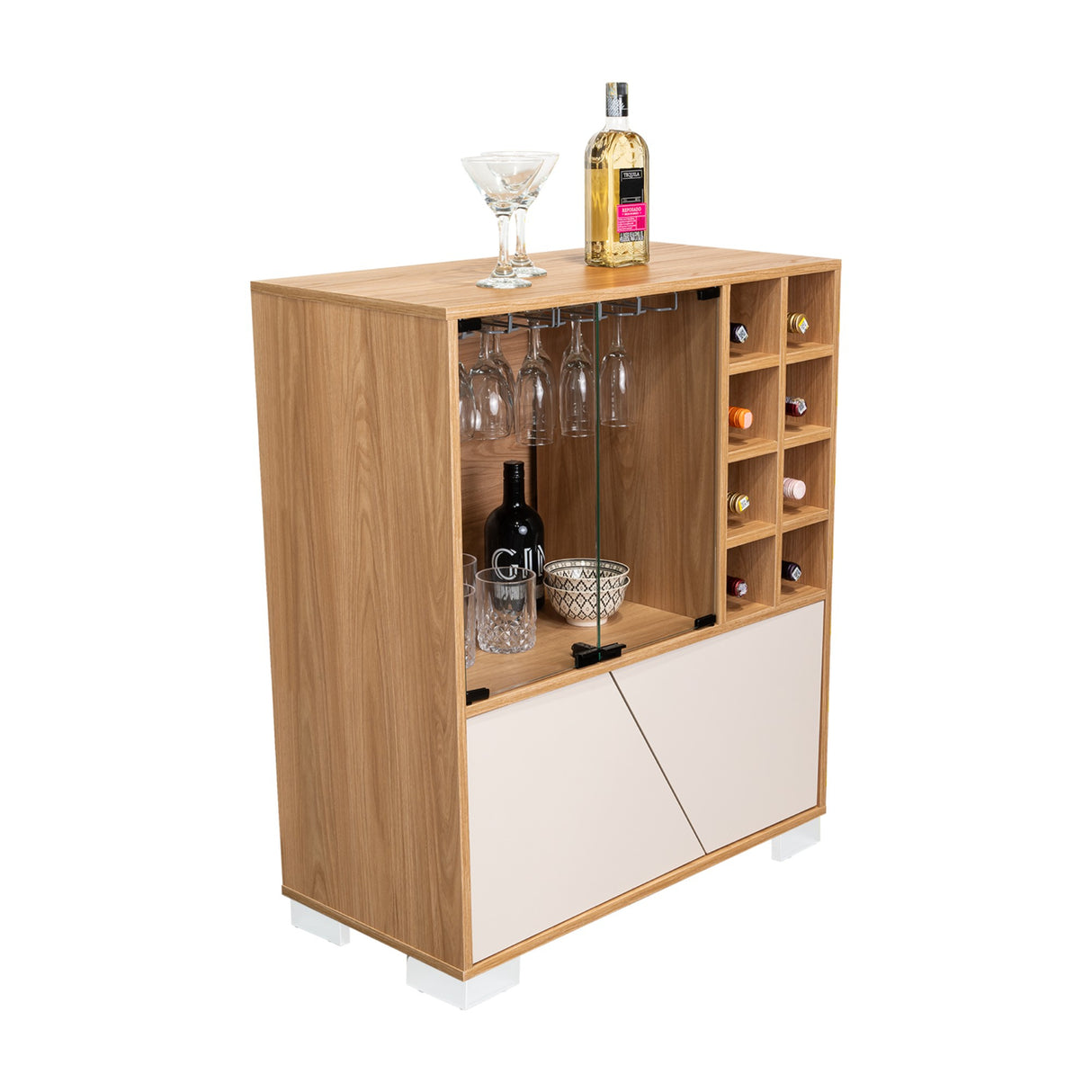 Bar Fraktal Fresno y Capri 78.8x94.9cm con Tres Compartimientos con Doce Portacopas y con Ocho Portabotellas - BARES | Bylmo