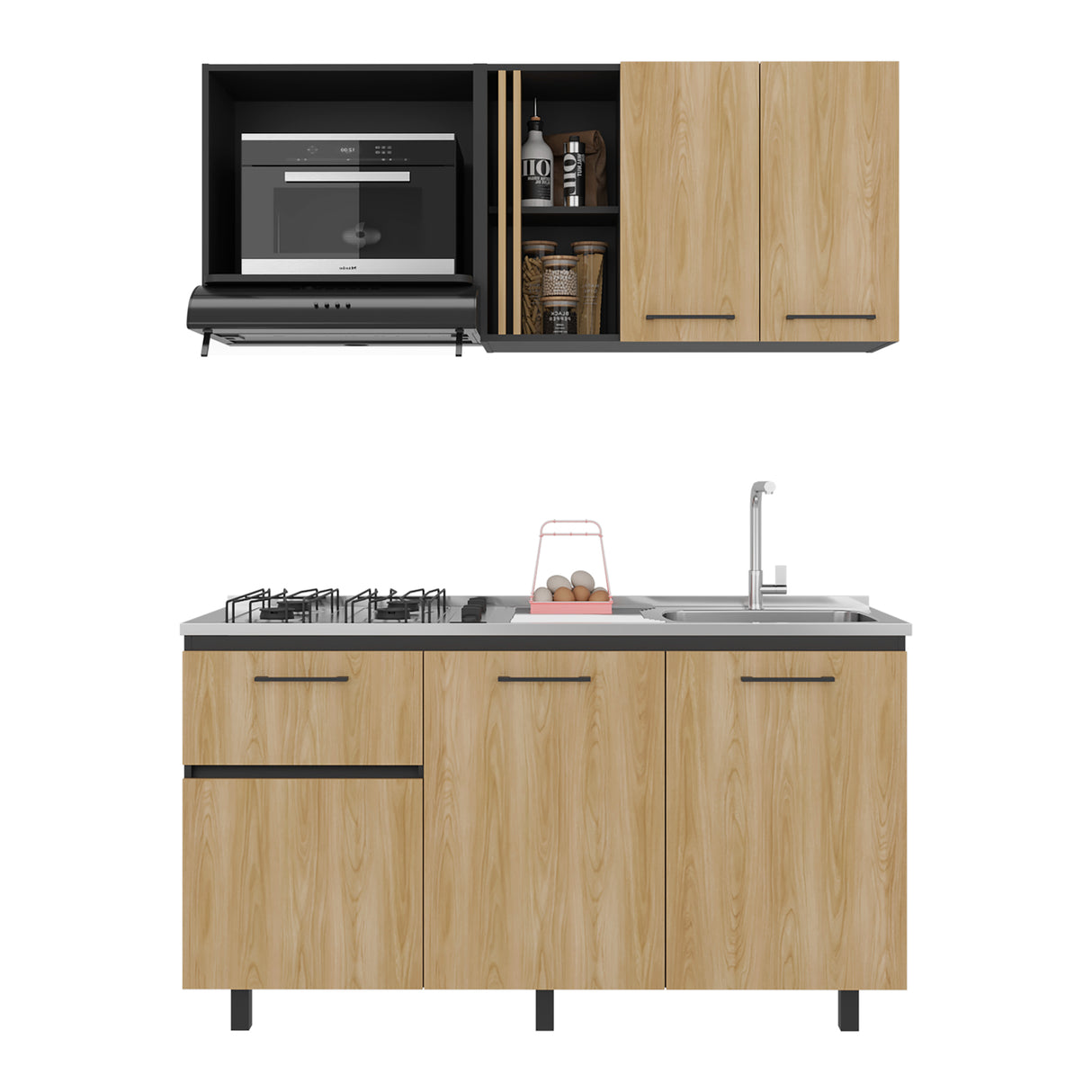 Cocina Preston Wengue Fresno 150x60cm con Mesón de Acero Inoxidable Lado Derecho y con Estufa - COCINAS | Bylmo