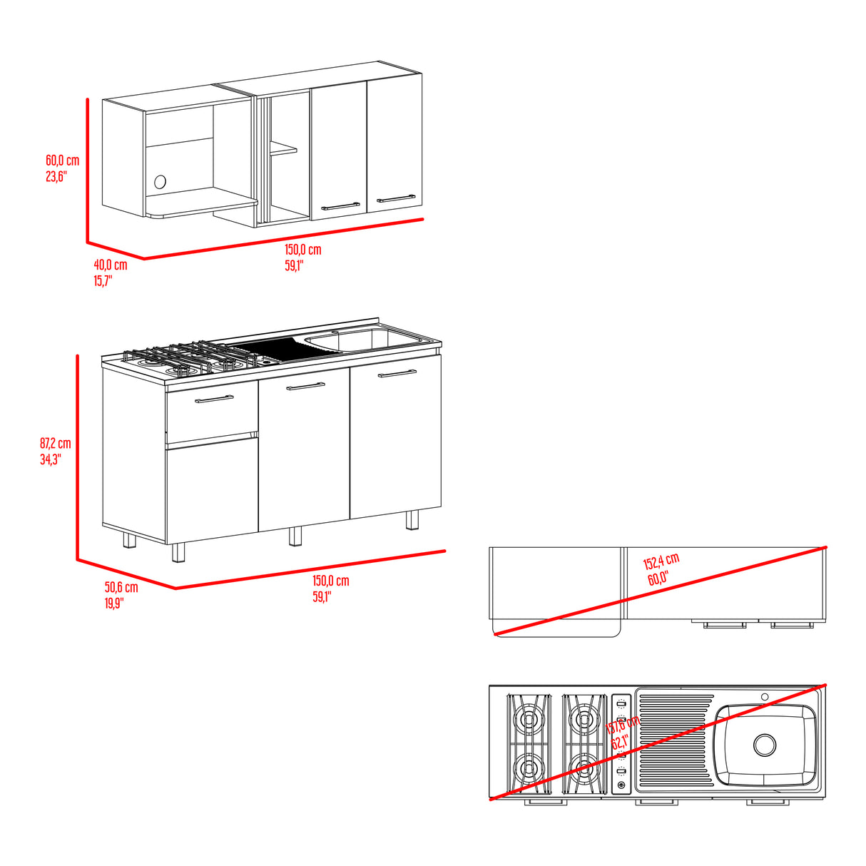 Cocina Preston Wengue Fresno 150x60cm con Mesón de Acero Inoxidable Lado Derecho y con Estufa - COCINAS | Bylmo