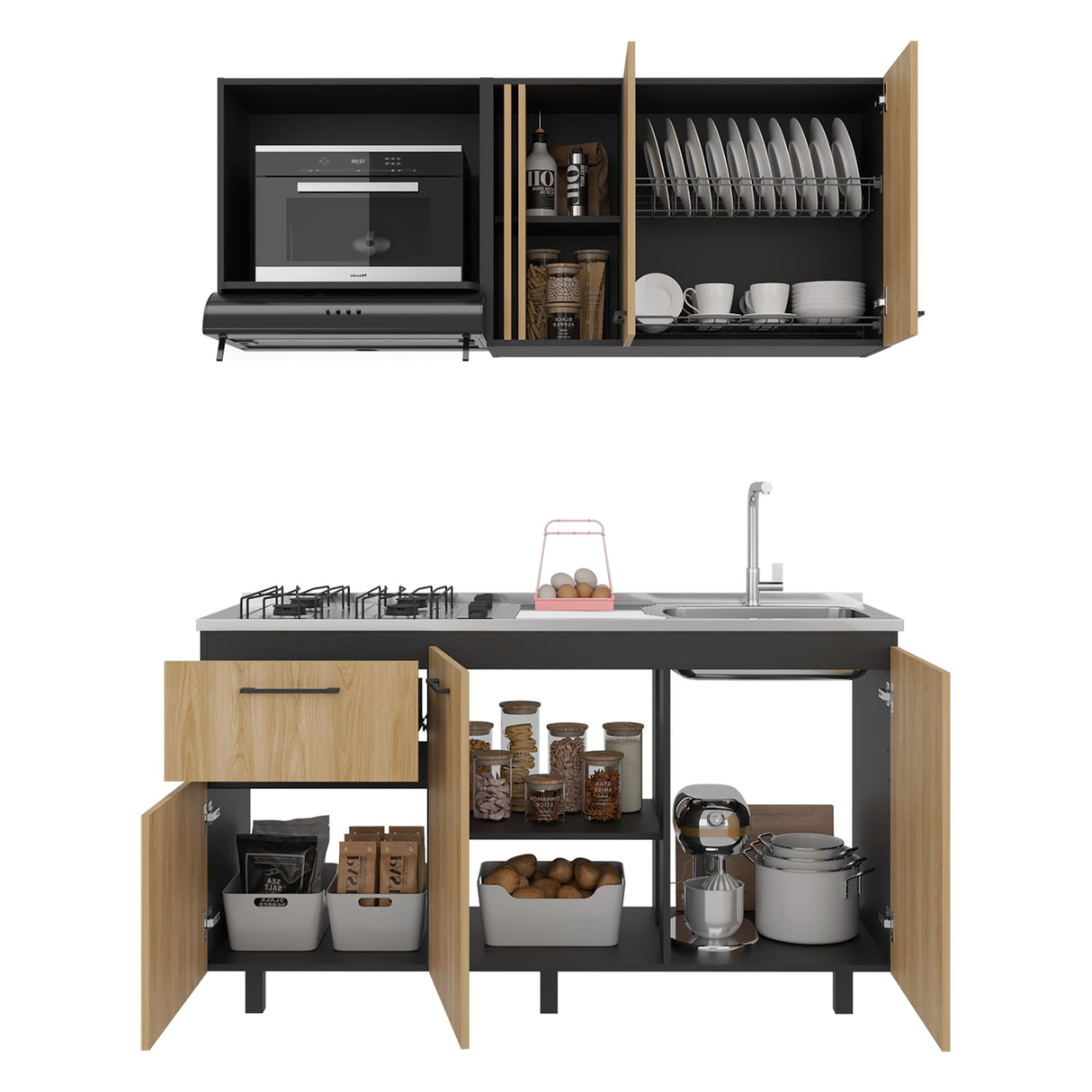 Cocina Preston Wengue Fresno 150x60cm con Mesón de Acero Inoxidable Lado Derecho y con Estufa - COCINAS | Bylmo