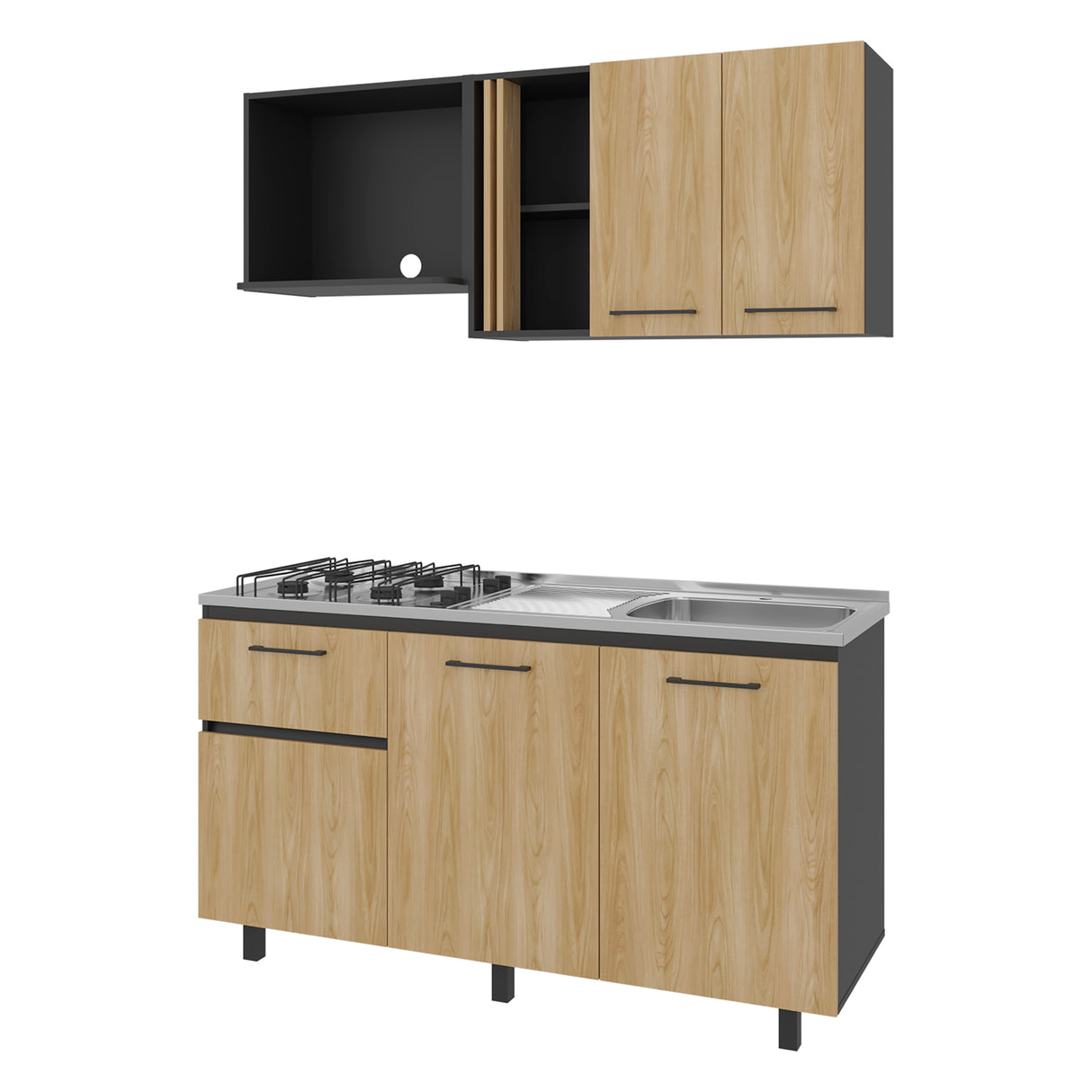 Cocina Preston Wengue Fresno 150x60cm con Mesón de Acero Inoxidable Lado Derecho y con Estufa - COCINAS | Bylmo