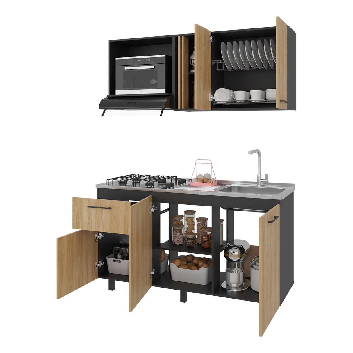 Cocina Preston Wengue Fresno 150x60cm con Mesón de Acero Inoxidable Lado Derecho y con Estufa - COCINAS | Bylmo