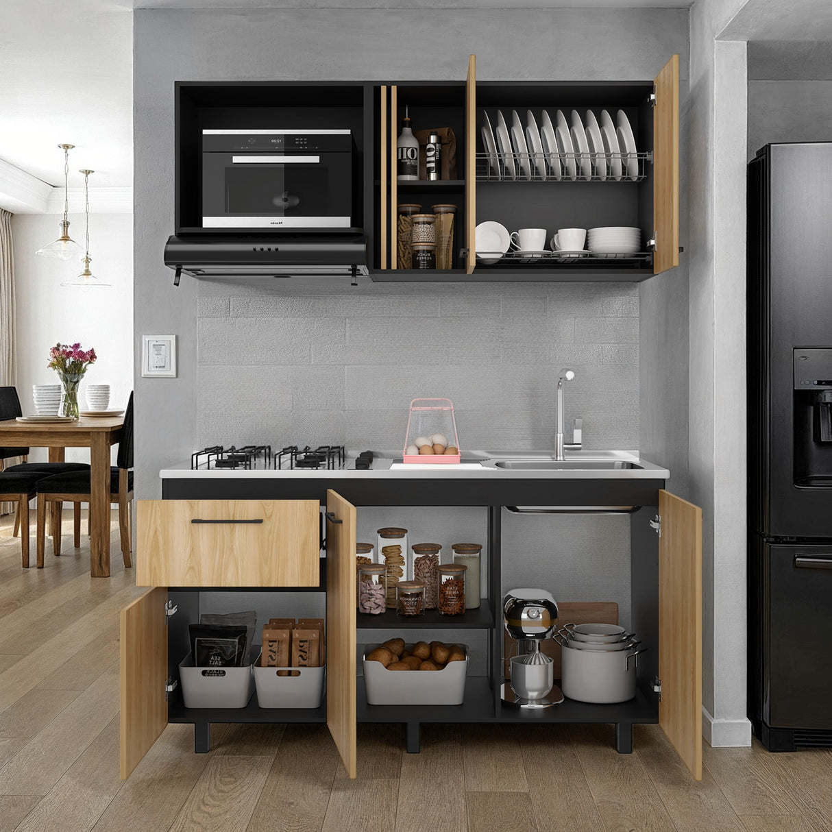 Cocina Preston Wengue Fresno 150x60cm con Mesón de Acero Inoxidable Lado Derecho y con Estufa - COCINAS | Bylmo