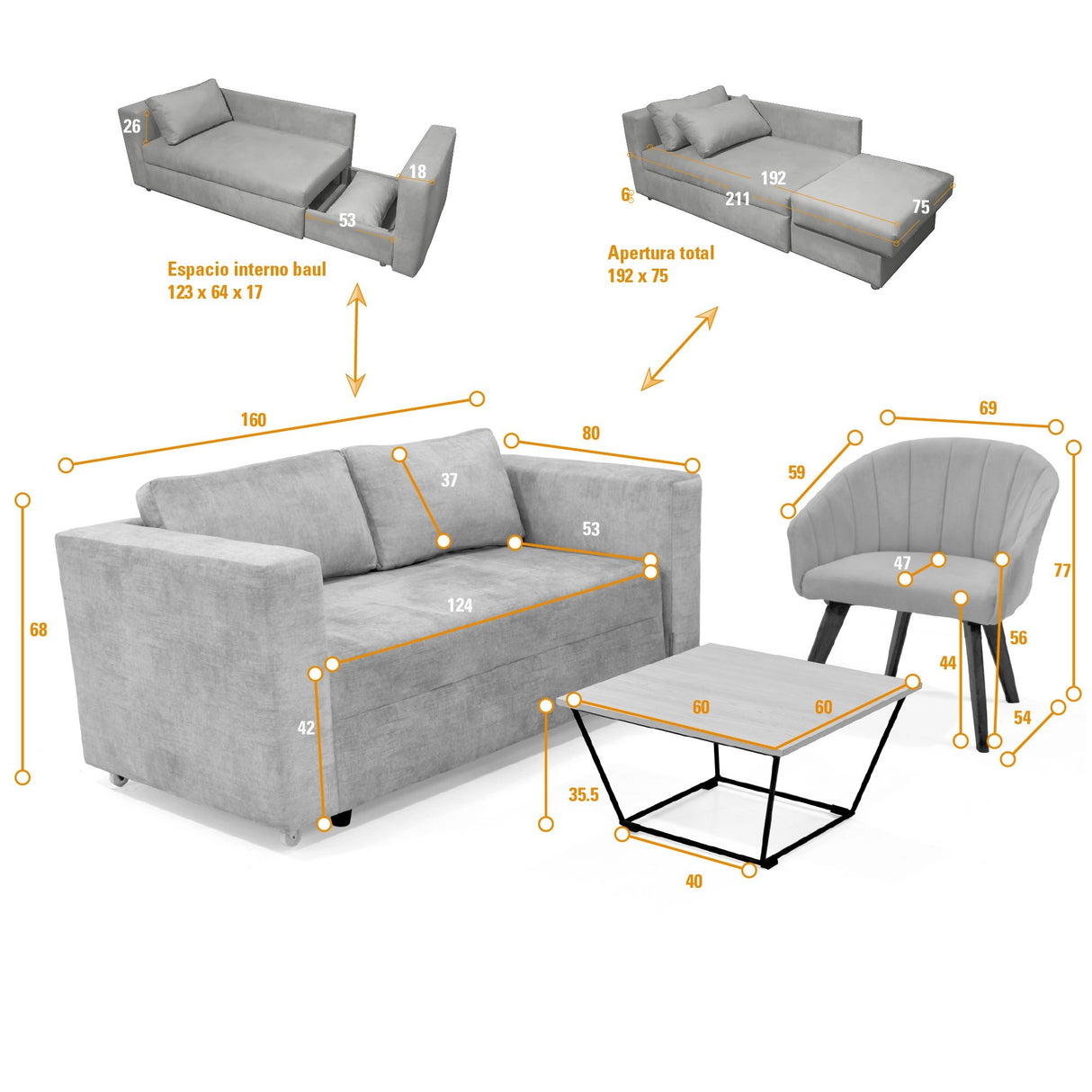 Sala Baxter Plata y Mostaza 160x68cm con Sofá Cama Reclinable con Apoya Brazos y Almacenamiento Poltrona Shanghai y Mesa De Centro Leeds - SOFAS Y POLTRONAS | Bylmo