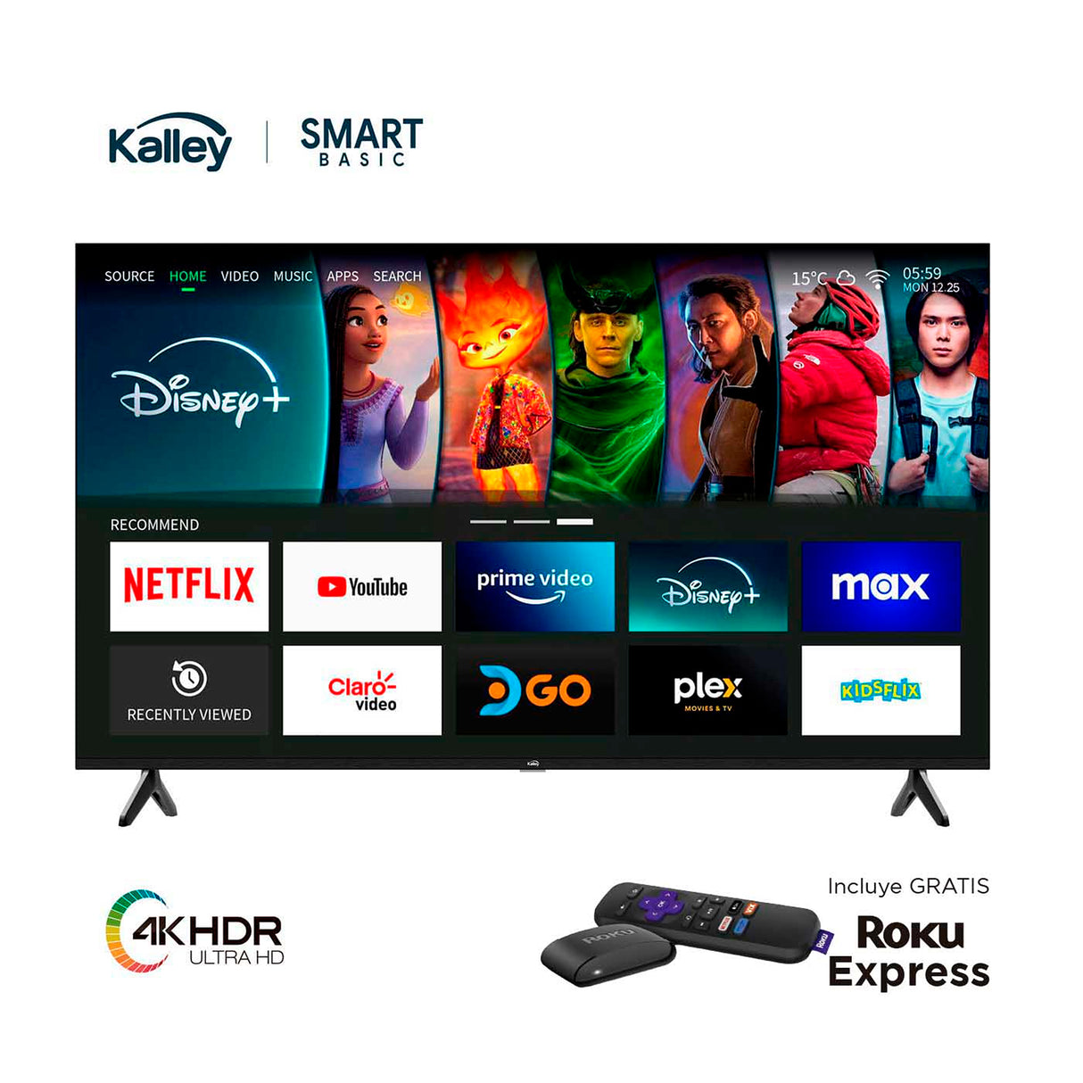 Televisor Smart Kalley Roku Negro 122.6x70.89cm de 55" Pulgadas 4K 2160P - TELEVISORES | Bylmo