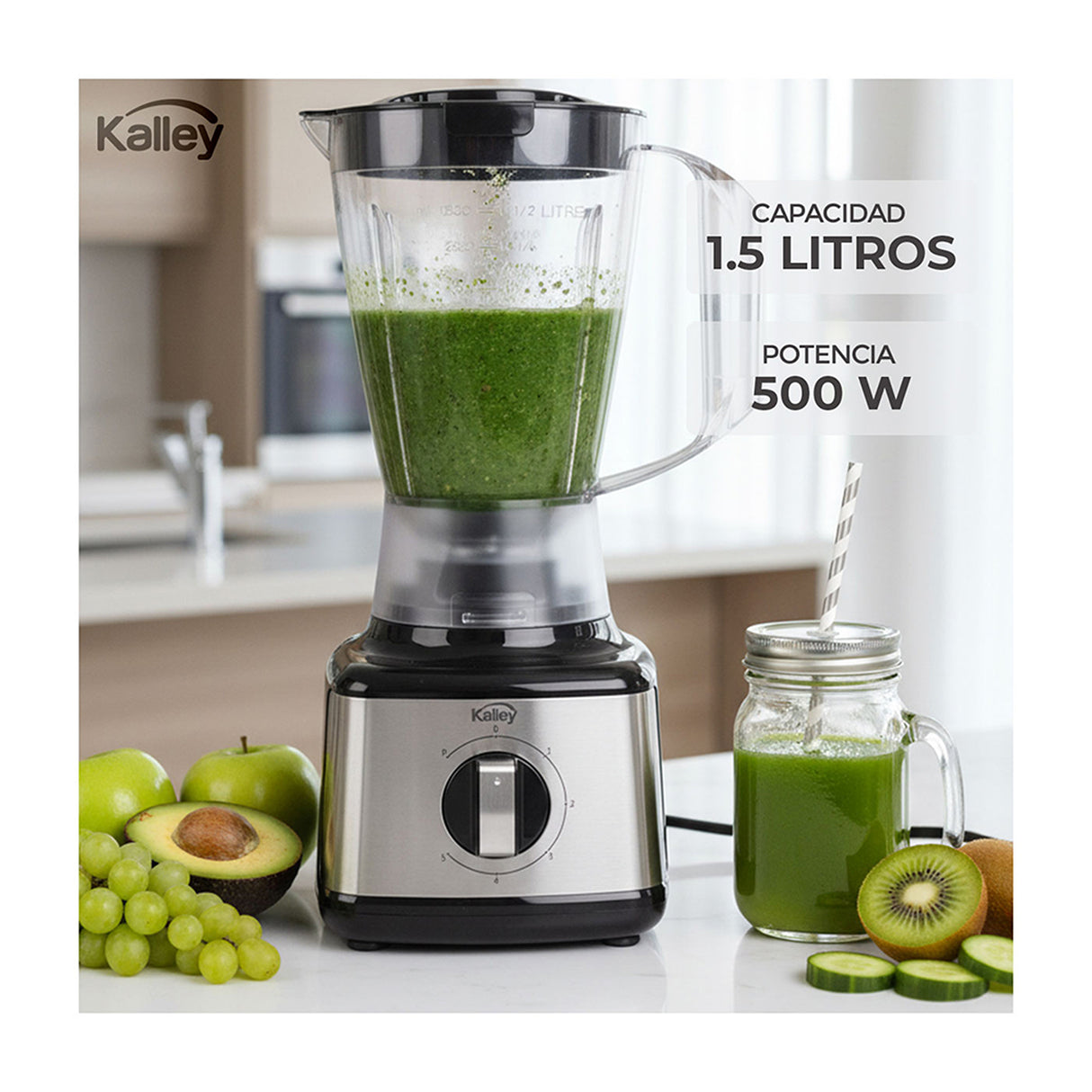 Licuadora Kalley Negro y Gris 22.5x38.7cm de Cuatro Aspas para 1.5 Litros y Cinco Velocidades - LICUADORAS Y PROCESADORES | Bylmo