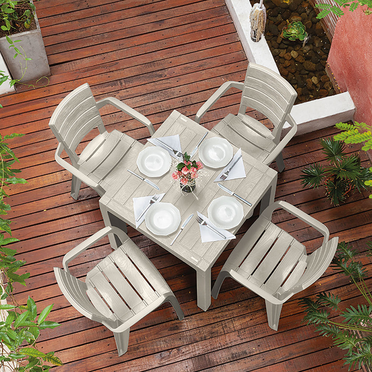 Combo Comedor y 4 Sillas con Brazos Rimax Barú Taupe 75x73.5cm Cuadrado - COMEDORES | Bylmo
