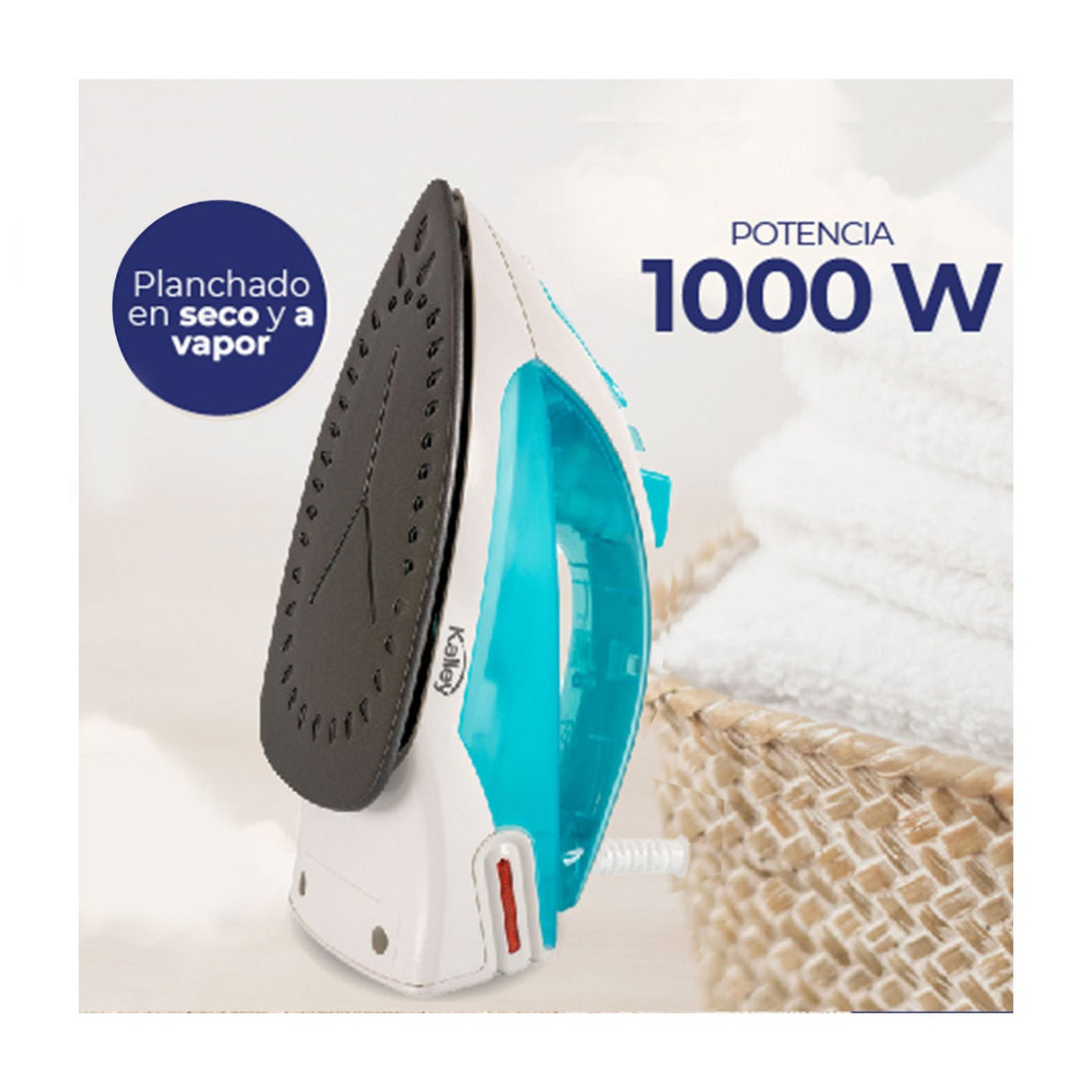 Plancha de Vapor para Ropa Kalley Azul Claro y Blanco 24x12cm con Rociador de Agua - PLANCHAS | Bylmo