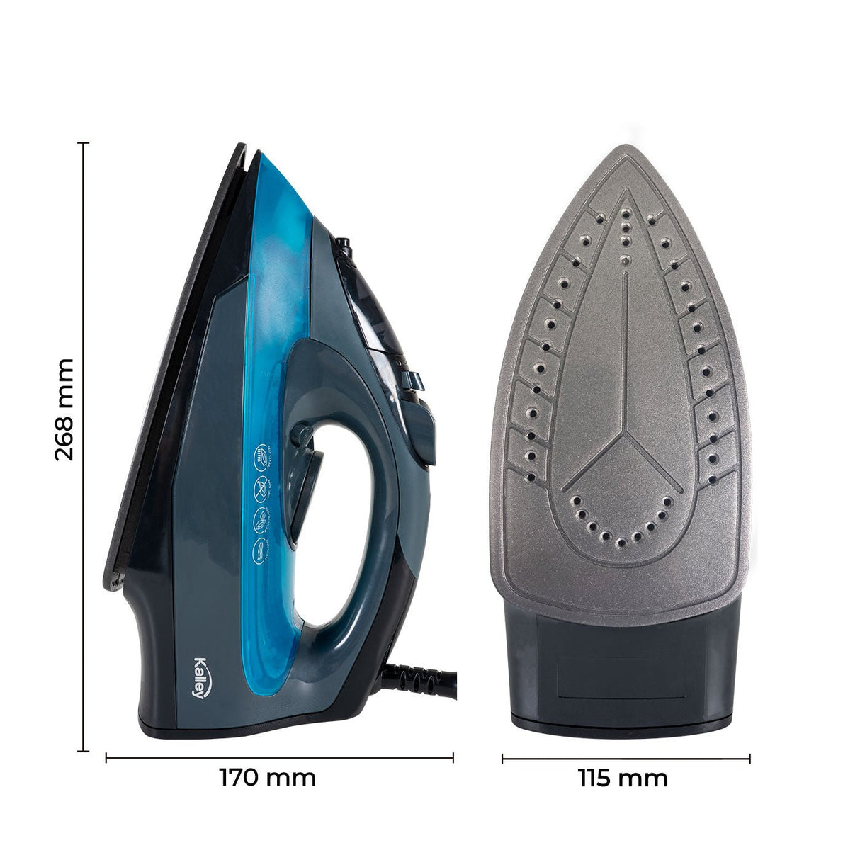 Plancha de Vapor para Ropa Kalley Negro y Azul Claro 26.8x17cm con Rociador de Agua y con Apagado Automático - PLANCHAS | Bylmo