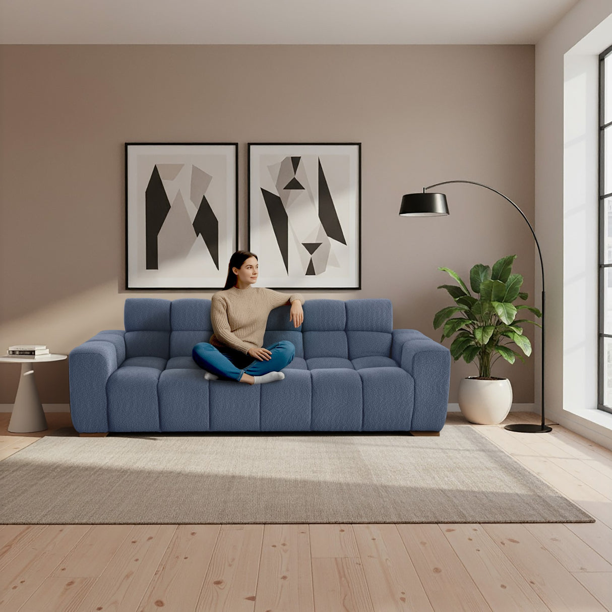 Sofá Cama Miami Indigo y Matiz Caoba 228x78cm De Tres Puestos Reclinable y Tapizado Capitoneado
