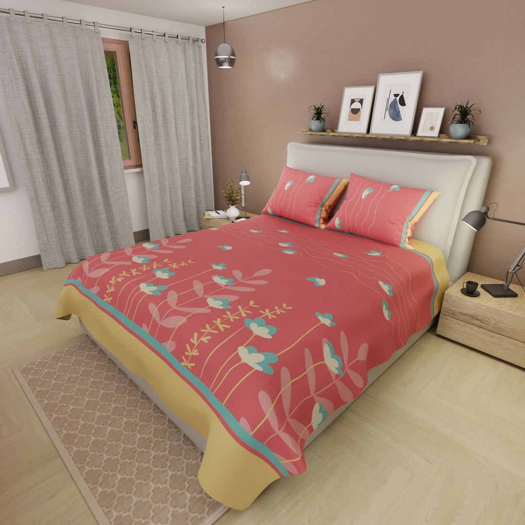 Juego de Sabanas Tulipanes entre líneas Salmón Para Cama Queen 160 X 190 Cm 180 Hilos de Flores - SABANAS | Bylmo