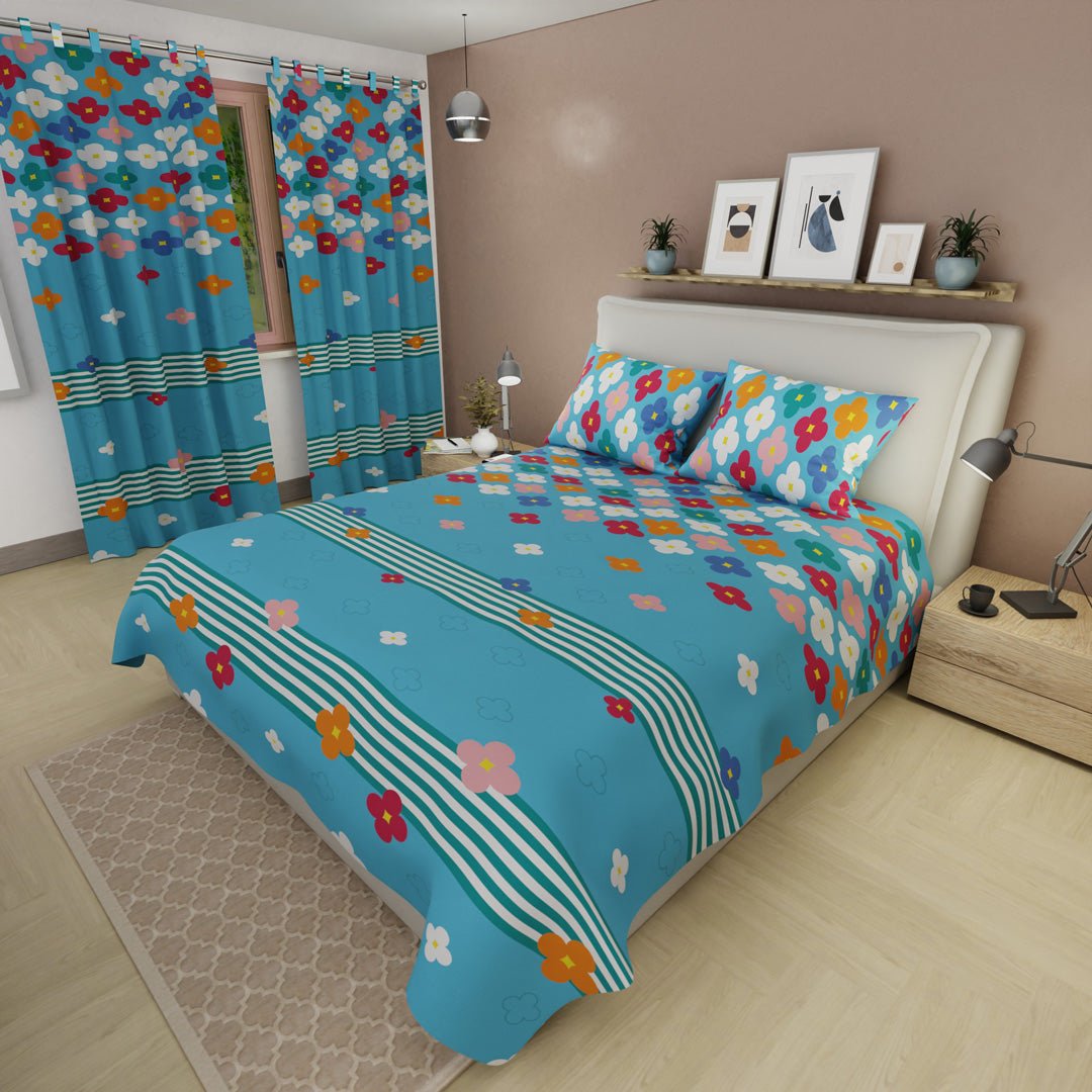 Juego de Sabanas Fiesta Floral Azul y Multicolor Para Cama Semidoble 120 X 190 Cm de Flores Y Lineas - SABANAS | Bylmo