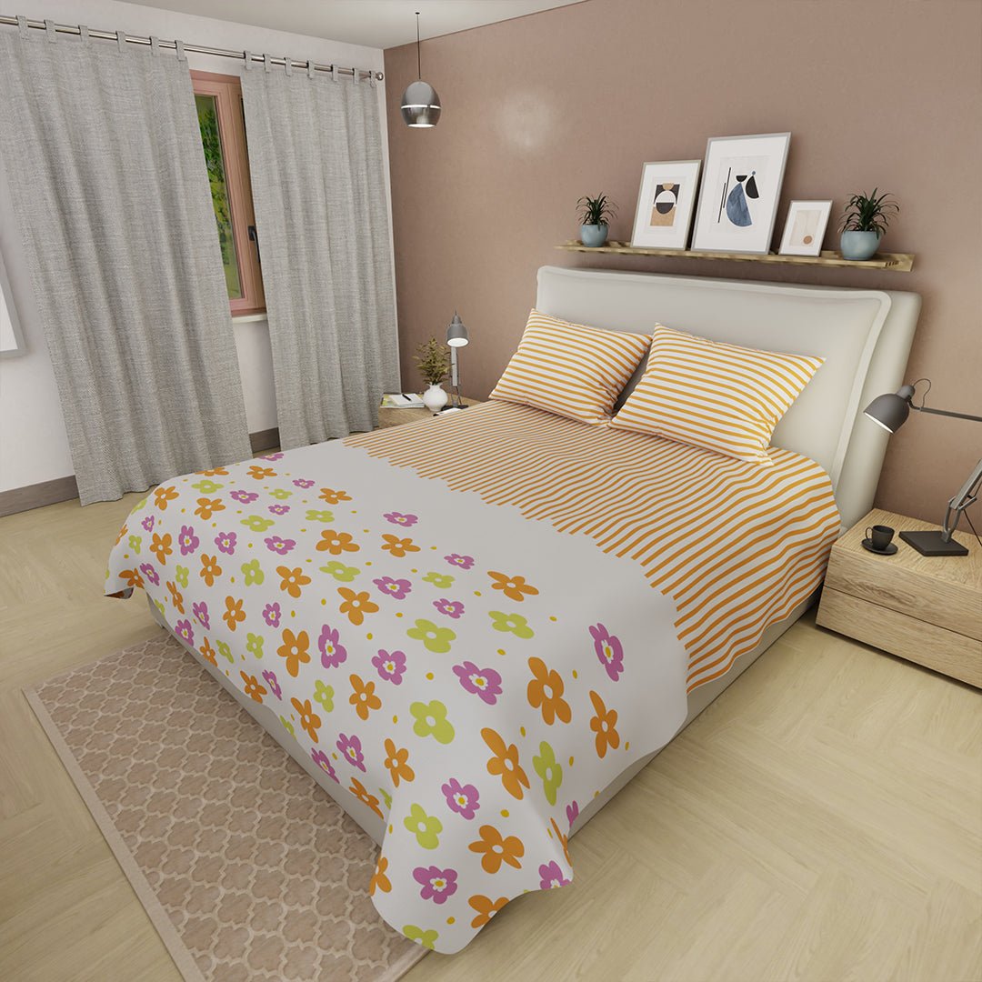 Juego de Sabanas Eco de Primavera Naranja y Blanco Para Cama Doble 140 X 190 Cm 180 Hilos de Flores - SABANAS | Bylmo