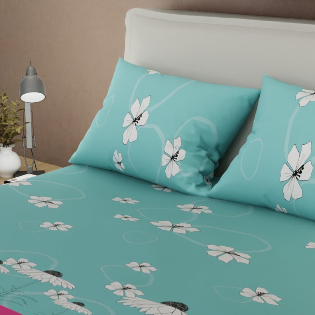 Juego de Sabanas Luz de Margarita Aguamarina y Fucsia Para Cama Doble 140 X 190 Cm 250 Hilos de Flores - SABANAS | Bylmo
