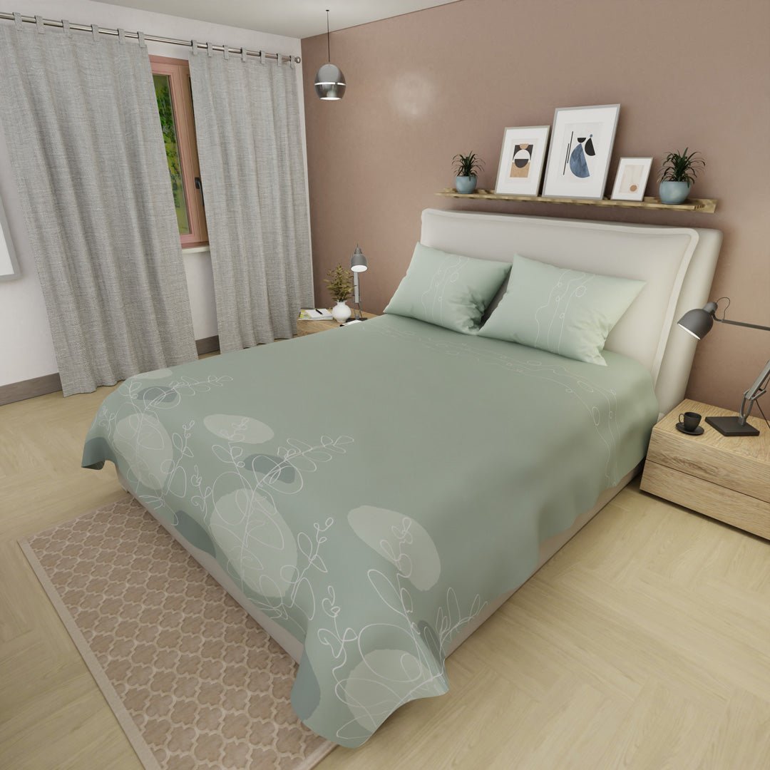 Juego de Sabanas Calma Verde Para Cama Doble 140 X 190 Cm 250 Hilos de Hojas - SABANAS | Bylmo