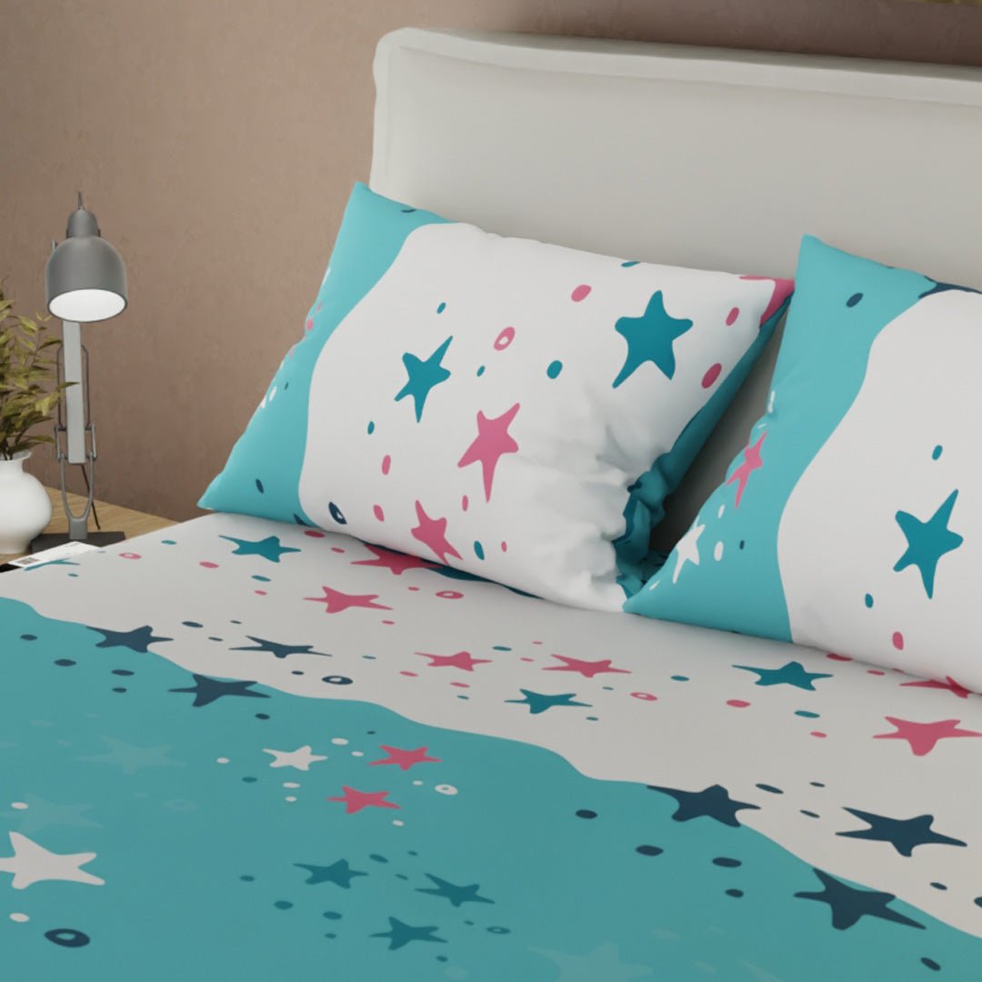 Juego de Sabanas Universo Turquesa y Blanco Para Cama Doble 140 X 190 Cm de Estrellas - SABANAS | Bylmo