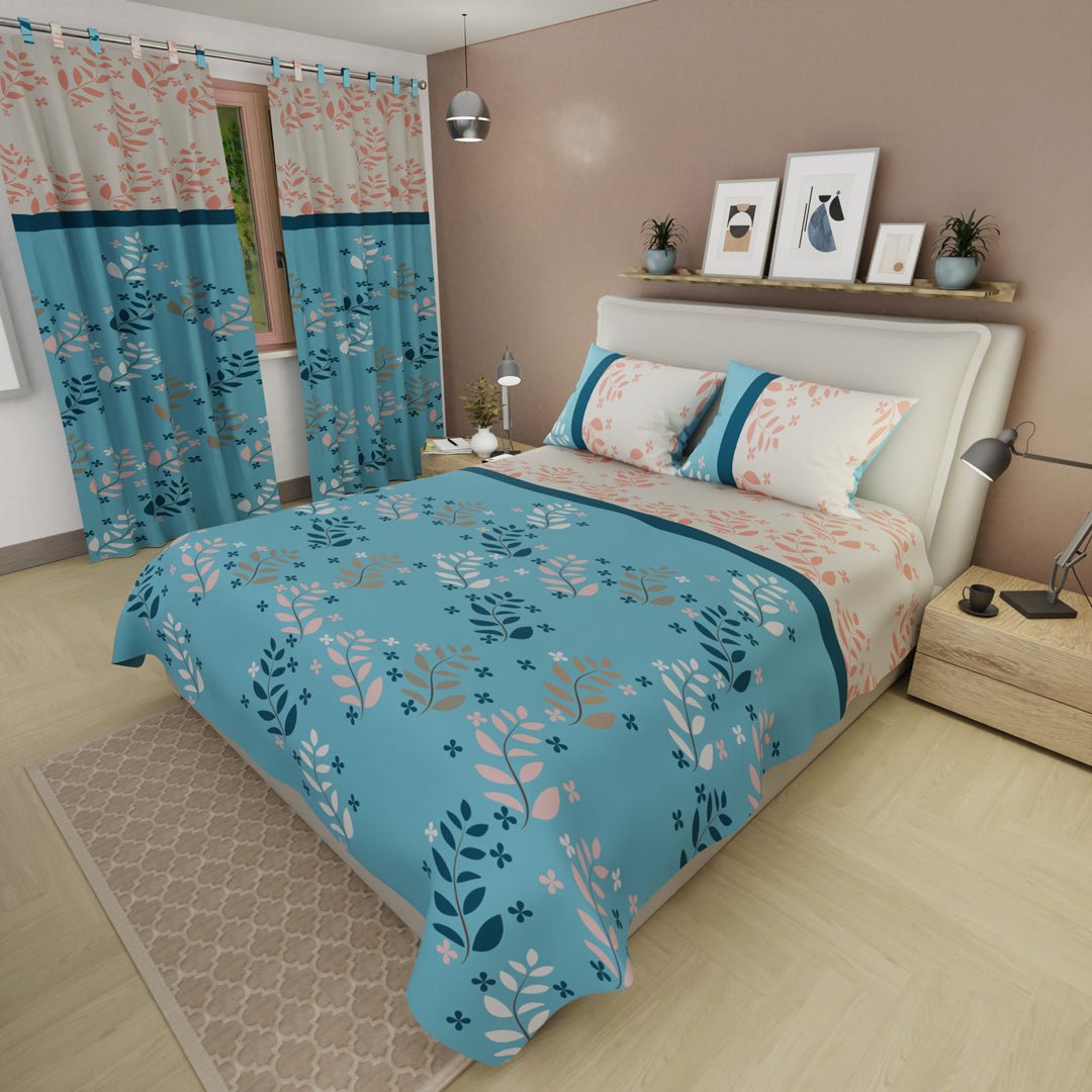 Juego de Sabanas Brisa Serena Azul Para Cama Doble 140 X 190 Cm de Hojas - SABANAS | Bylmo
