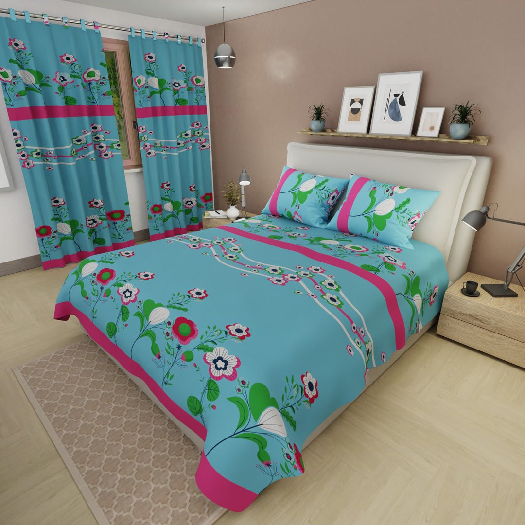 Juego de Sabanas Floralia Azul y Fucsia Para Cama Doble 140 X 190 Cm de Flores - SABANAS | Bylmo
