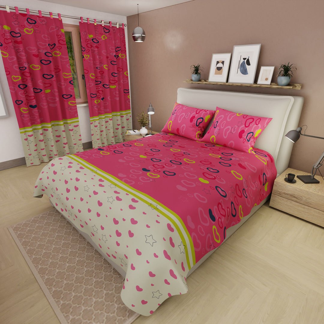 Juego de Sabanas Explosión de Amor Rosa y Blanco Para Cama Sencilla 100 X 190 Cm de Estrellas Y Corazones - SABANAS | Bylmo
