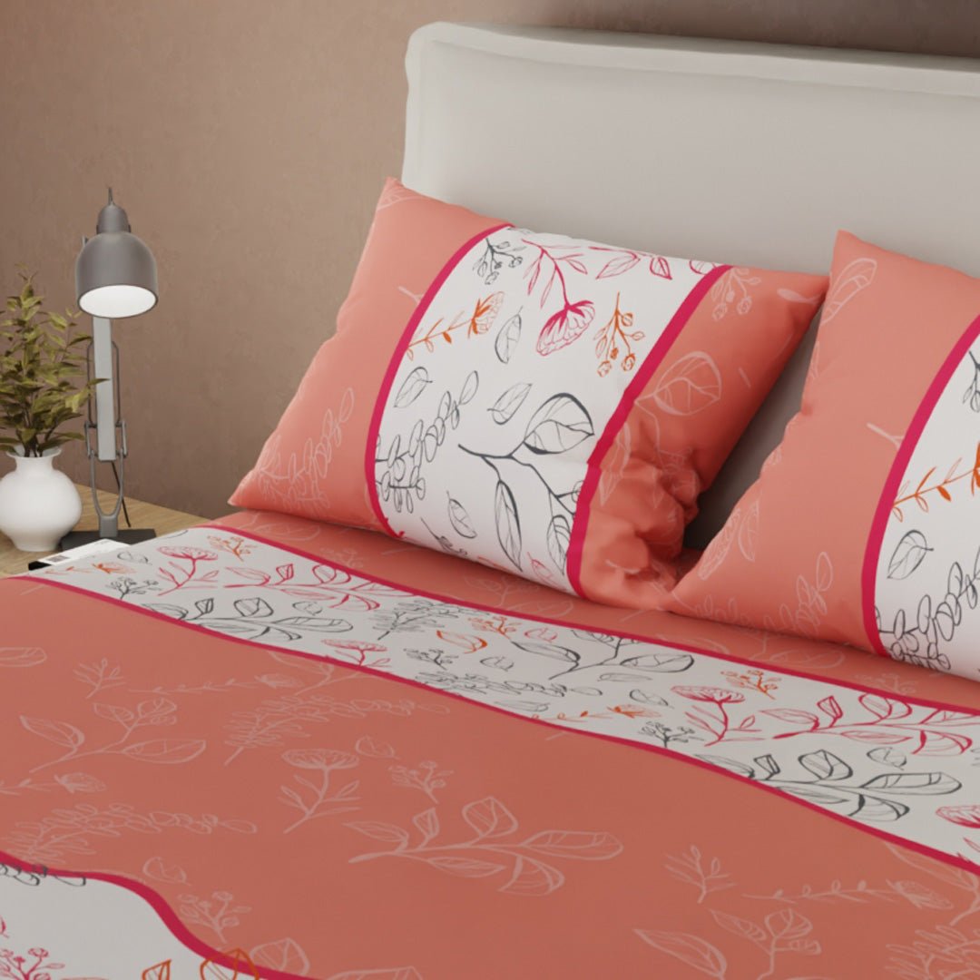 Juego de Sabanas Sueños Botánicos Naranja y Blanco Para Cama Sencilla 100 X 190 Cm de Hojas - SABANAS | Bylmo