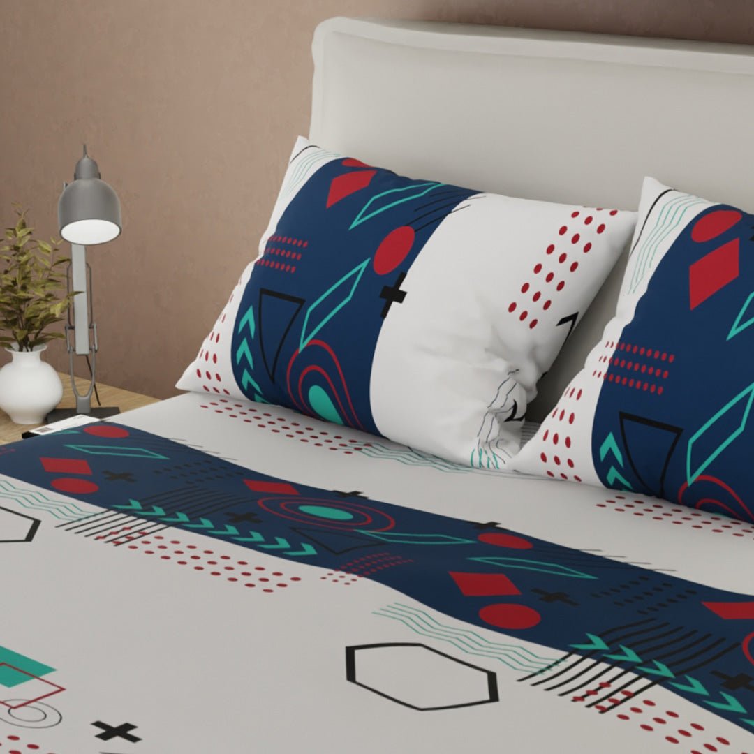 Juego de Sabanas Fusión Moderna Blanco y Azul Para Cama King 200 X 200 Cm de Figuras - SABANAS | Bylmo
