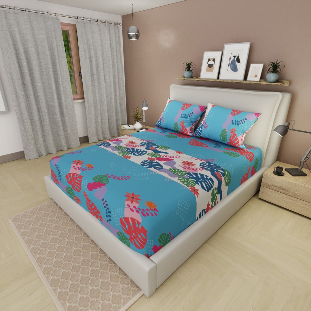 Sábana Ajustable Estampa Tropical Azul y Blanco para Cama Doble 140 X 190 Cm Tropical - SABANAS | Bylmo