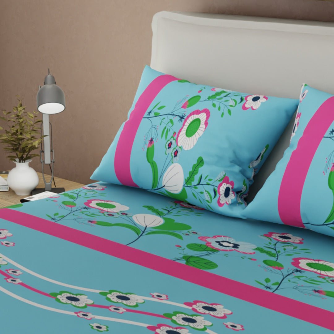 Sábana Ajustable Floralia Coral Azul y Fucsia para Cama Doble 140 X 190 Cm Flores - SABANAS | Bylmo